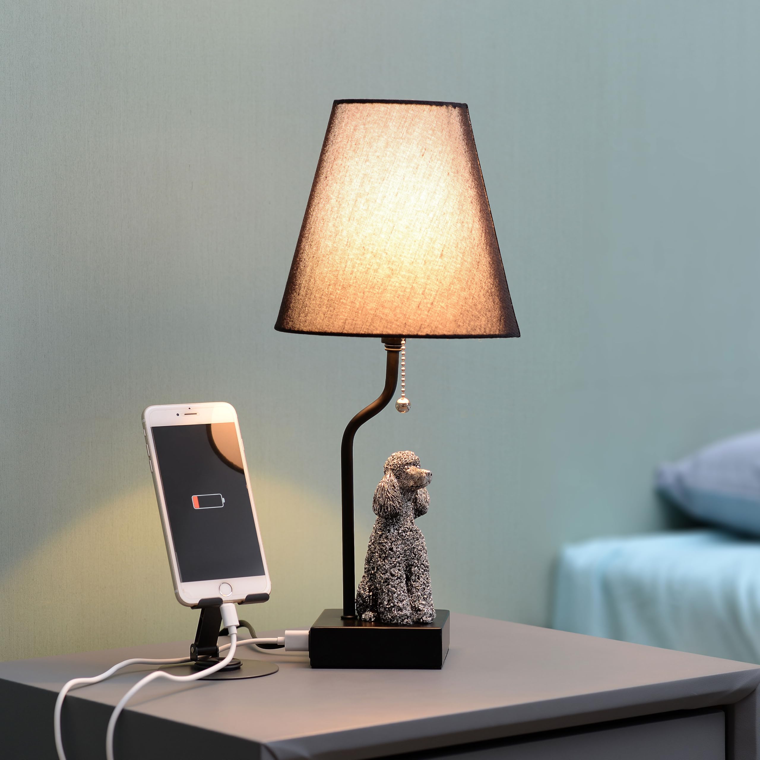 Jjdqb Portable Poodle Table Lamp With Usb-C & Usb-A Charging Ports, Black Fabric Shade & Dog Figurine Base, Nightstand/Bedside Lamp With Pull Chain Switch – For Dog Lovers 24094