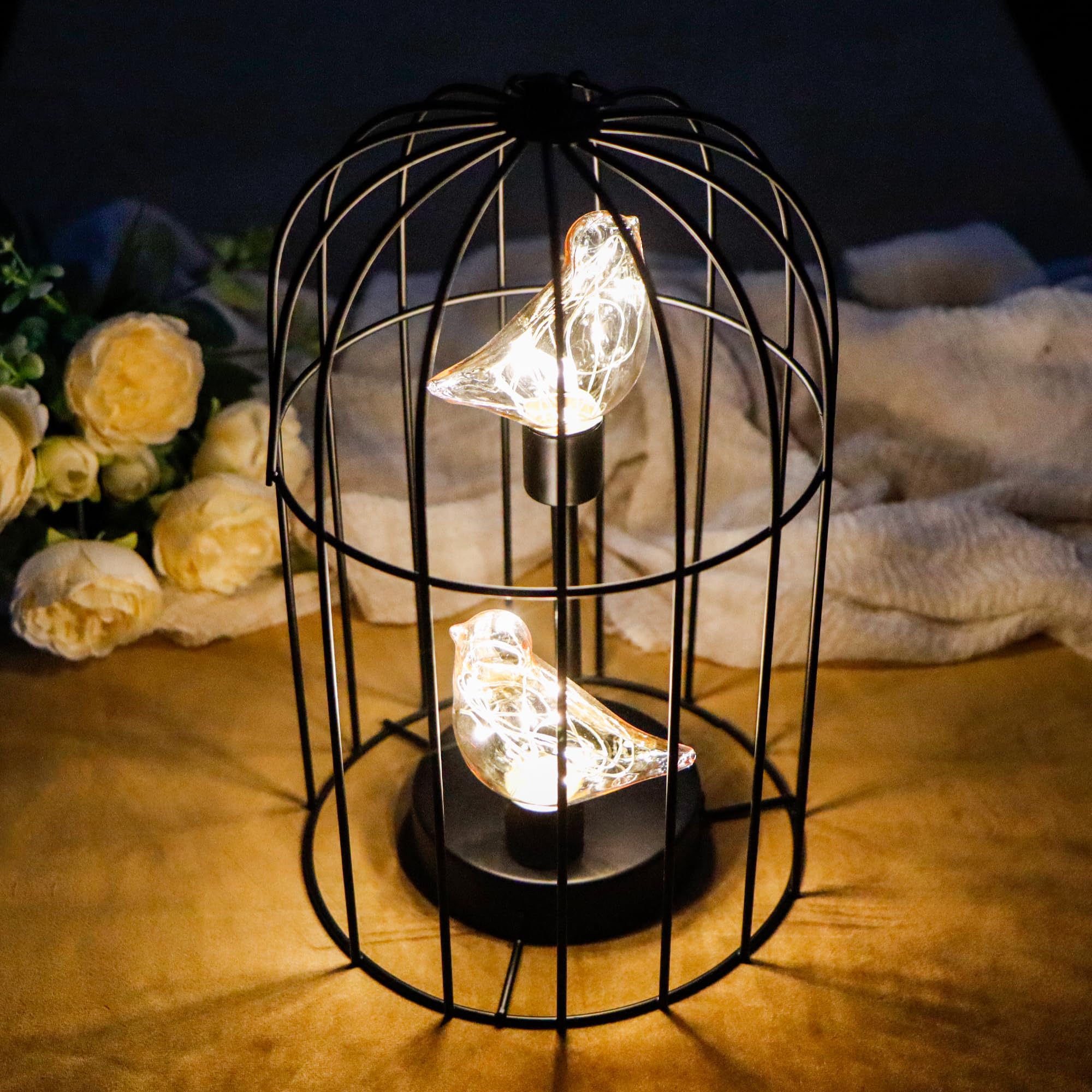 Jhy Design Birdcage Decorative Lamp Battery Operated 12" H Cordless Table Lamp With Warm White Fairy Lights Bird Bulb For Indoor Bedroom Living Room Home Wedding Xmas(Black)