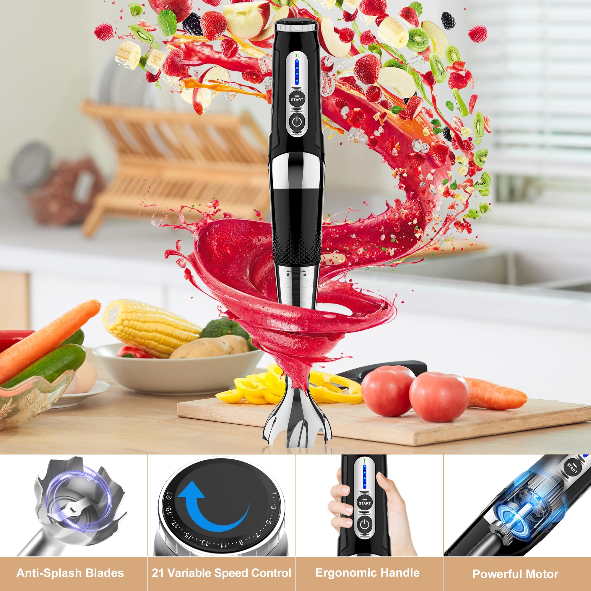 Toogel Cordless Immersion Blender Handheld: Powerful Rechargeable Electric Hand Blender, 21-Speed & 3-Angle Adjustable With Stainless Steel Blades For Milkshakes, Smoothies, Soup, Puree, Baby Food (Black)