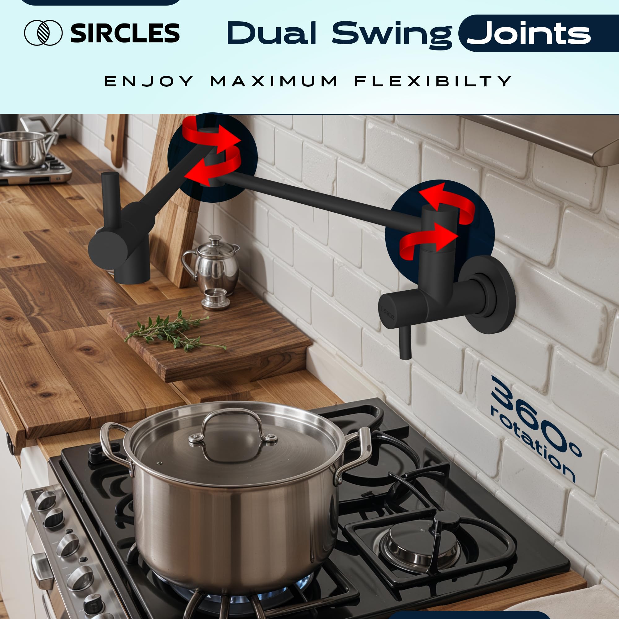 Sircles Pot Filler Faucet - Matte Black Finish - Extra Long 26-Inch - Wall Mount Stainless Steel - Dual 360° Swing Joints - Teflon Tape & Extra Cartridge Included