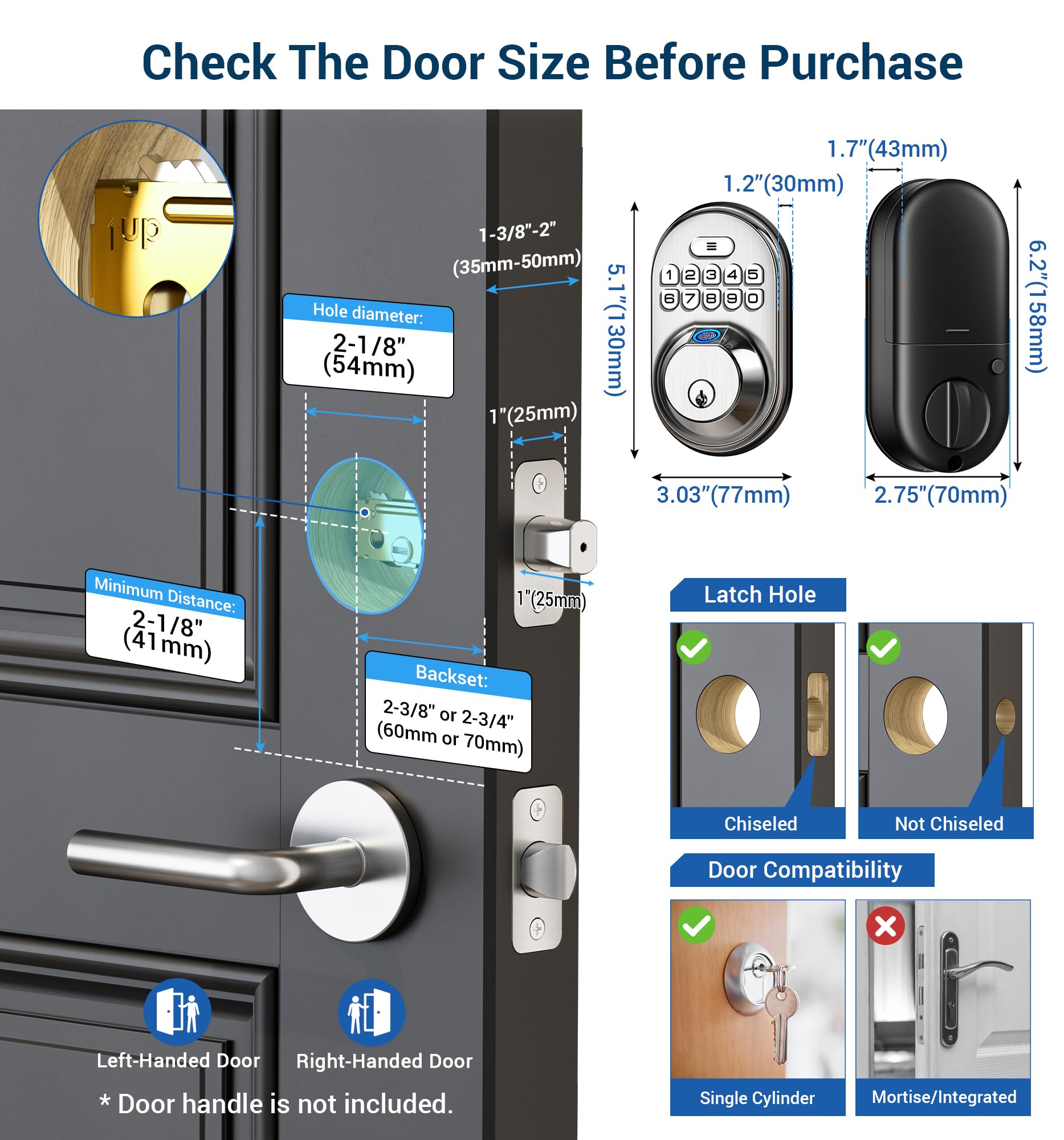 Veise Fingerprint Door Lock, Keyless Entry Keypad Deadbolt, Anti Peeping Password, Auto Lock, Easy Install, Satin Nickel