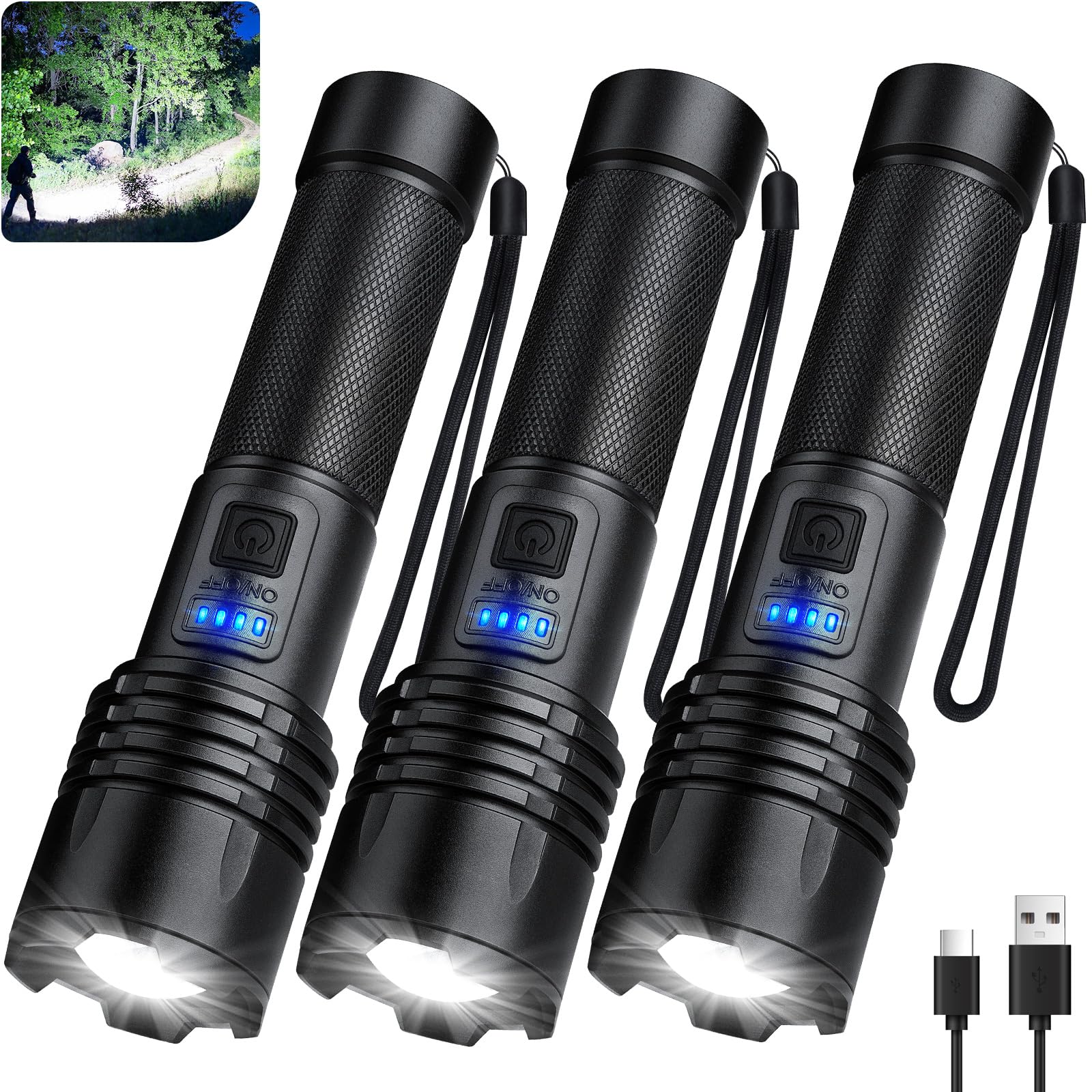 Kingcaesar 3 Pack Rechargeable Flashlights 3000 High Lumens, Super Bright Led Flash Light With 3 Light Modes, High Power Flashlight With Charging Cables, Ipx7 Waterproof For Camping, Outdoor, Home