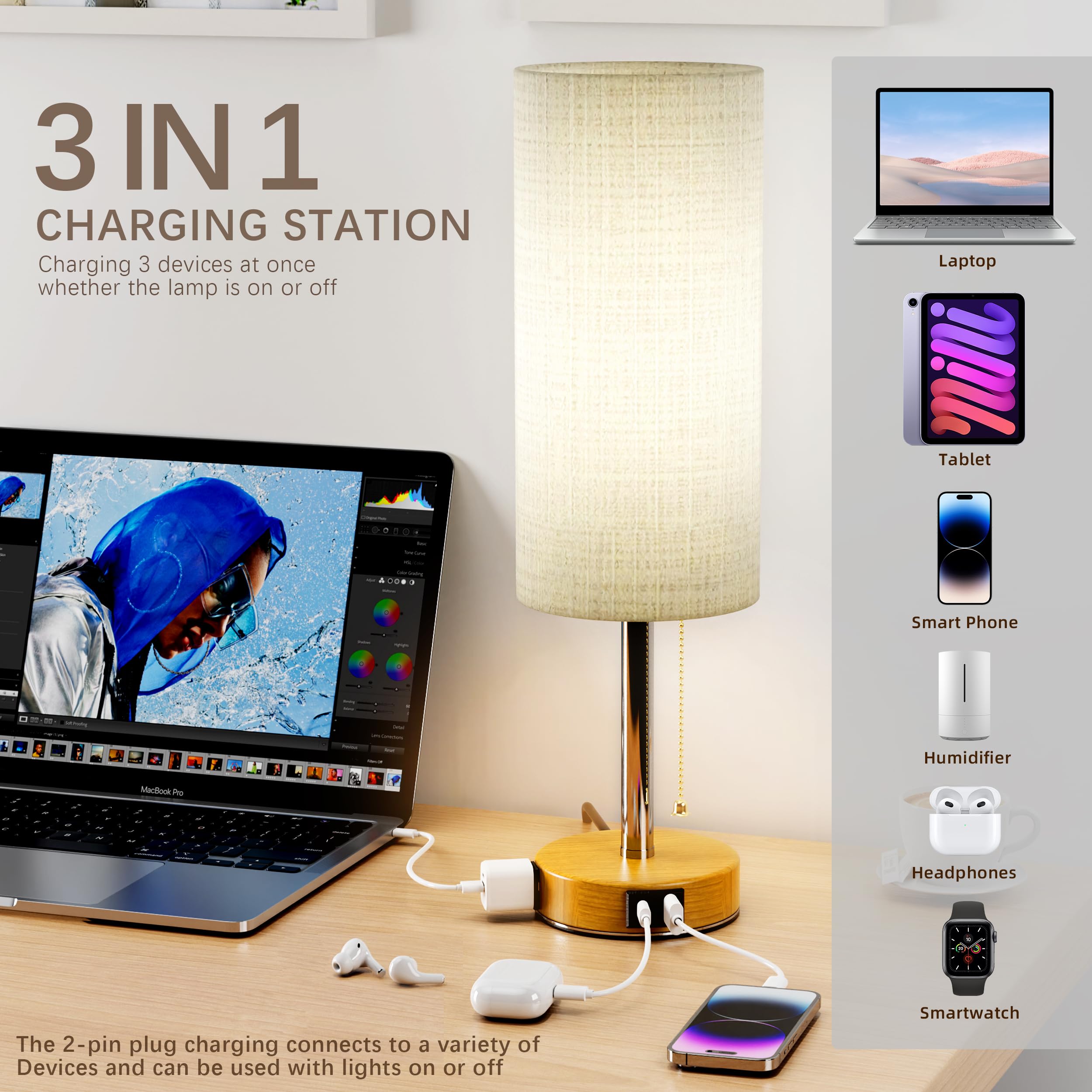 Onyxa 20” Bedside Lamps Set Of 2 With Ac Outlet, Usb A & C Charging Ports, 3 Color Temperatures Table Lamps With Pull Chain Switch, Nightstand Lamp With E26 Bulbs For Bedroom, Office & Living Room