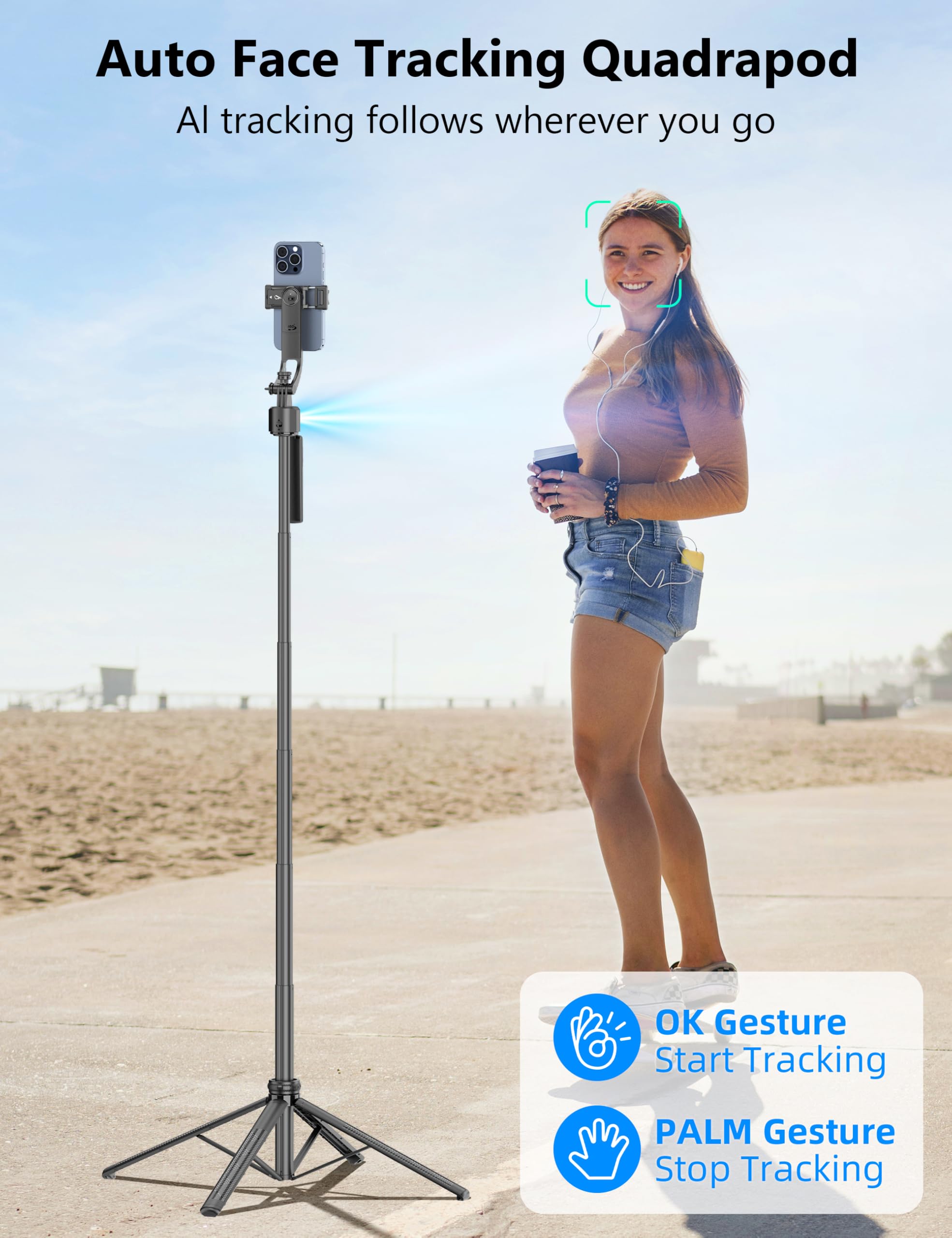 Qirita 64'' Auto Face Tracking Tripod 360 Rotation With Stand, Handheld Stabilization, Aluminum Quadrapod Selfie Stick Phone Tripod With Remote Compatible With Iphone, Android For Tiktok, Live Streaming