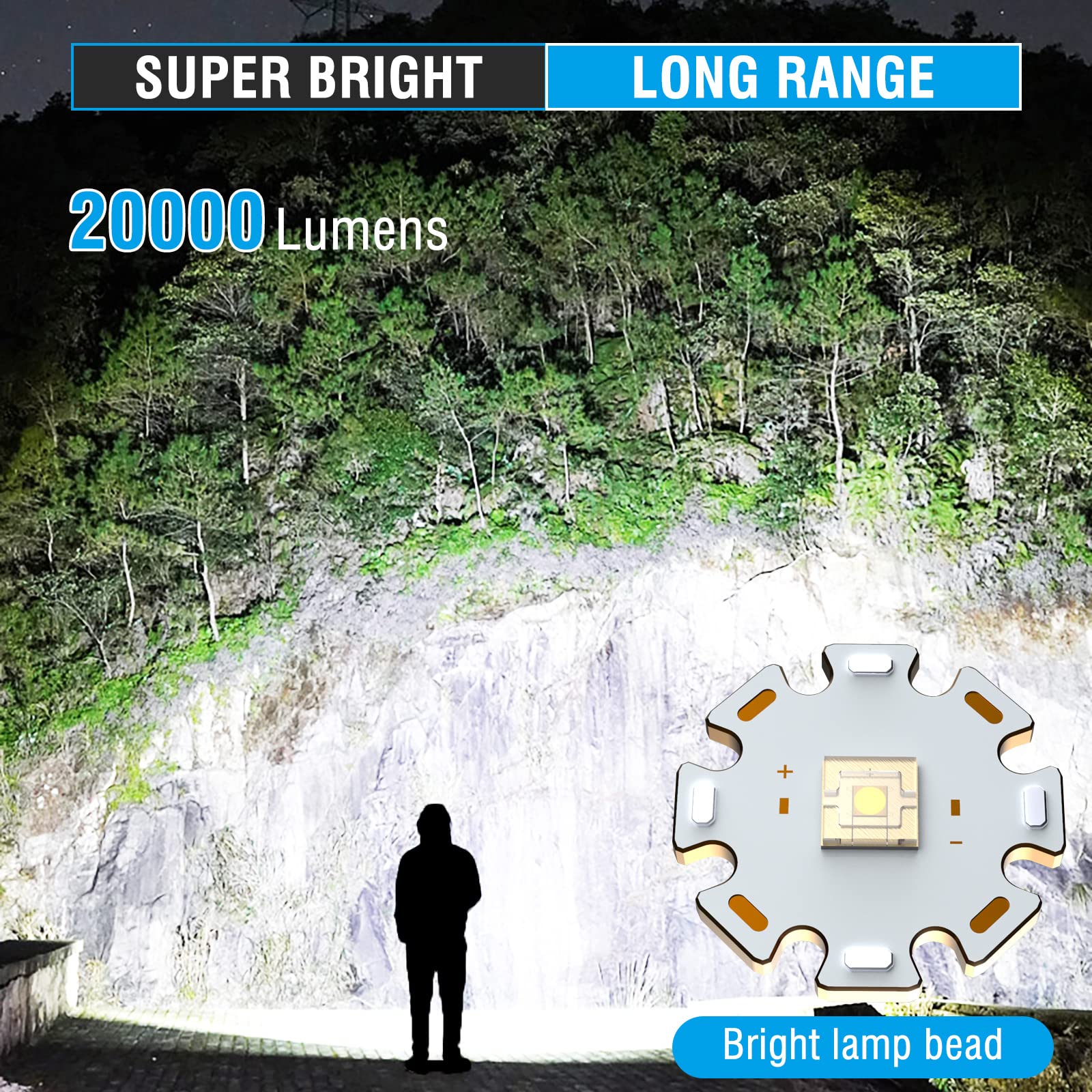 Hosonic A76 Rechargeable Flashlights 20000 High Lumens - Brightest Led Flash Light 7 Modes With Cob Side Light，High Powered Handheld Flashlight For Emergency Camping