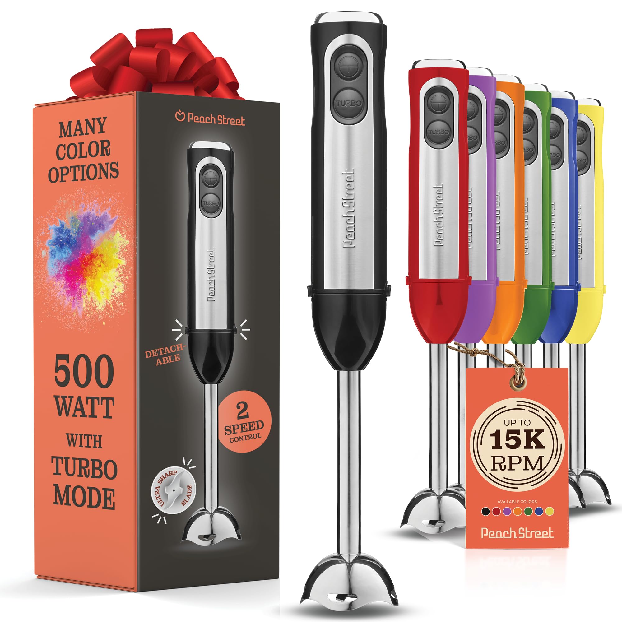 Peach Street Powerful Immersion Blender, Electric Hand Blender 500 Watt With Turbo Mode, Detachable Base. Handheld Kitchen Gadget Blender Stick For Soup, Smoothie, Puree, Baby Food, 304 Stainless Steel Blades