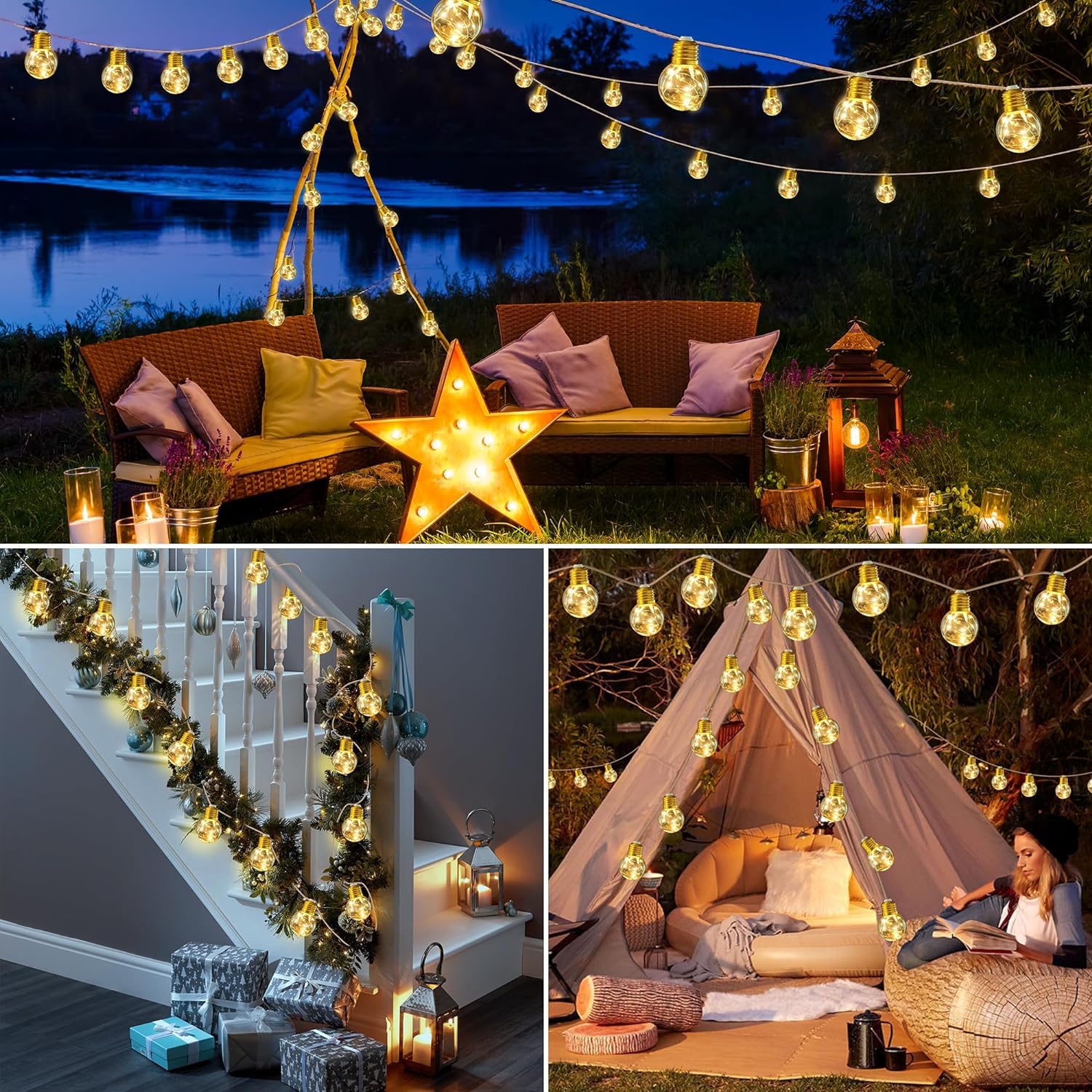 Ishabao Solar String Lights Outdoor, 20Ft Solar Patio Lights, Vintage Rope Hemp Solar Powered Globe Lights Waterproof With 8 Modes 16 Shatterproof Bulbs For Garden Fence Balcony Cafe Bistro Party-Warm White