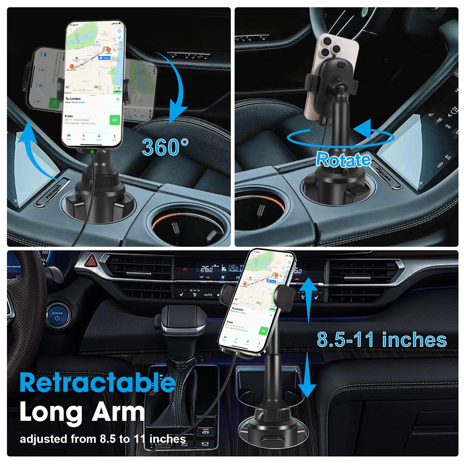 Degum  Wireless Car Charger, Cup Holder Phone Mount With 15W Fast Charging Phone Holder Adjustable Long Arm Height, Compatible With Iphone 16 15 14 13 Samsung Lg And More (With Car Adapter)