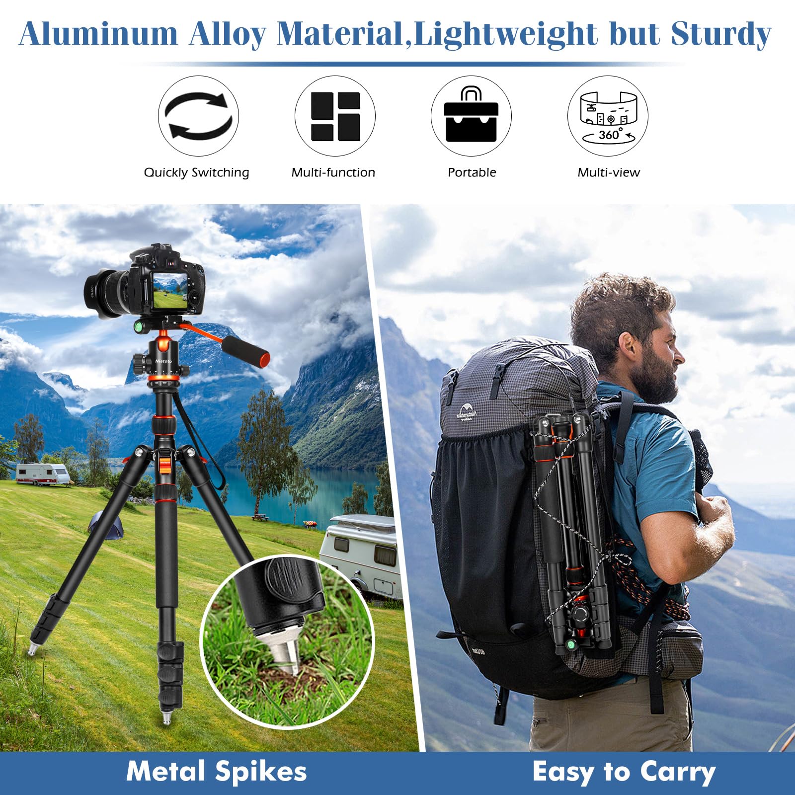 Nietoto Camera Tripods & Projector Stand, 2 In1 Tripod For Camera With Removable Metal Tray, Heavy Duty Tripod For Dslr. Projector. Sheet Music And Tablet, Extra Metal Spikes And Carry Bag.