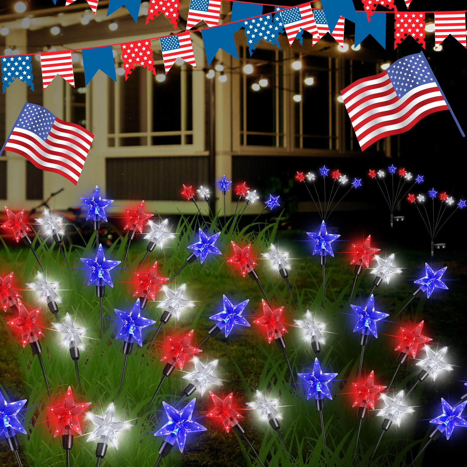Tujoe 4 Pack Solar 4Th Of July Decorations Outdoor Lights, Red White And Blue 6 Led Star Stake Lights, Waterproof Patriotic Decorations For Independence Memorial Day Garden Yard Lawn Decor