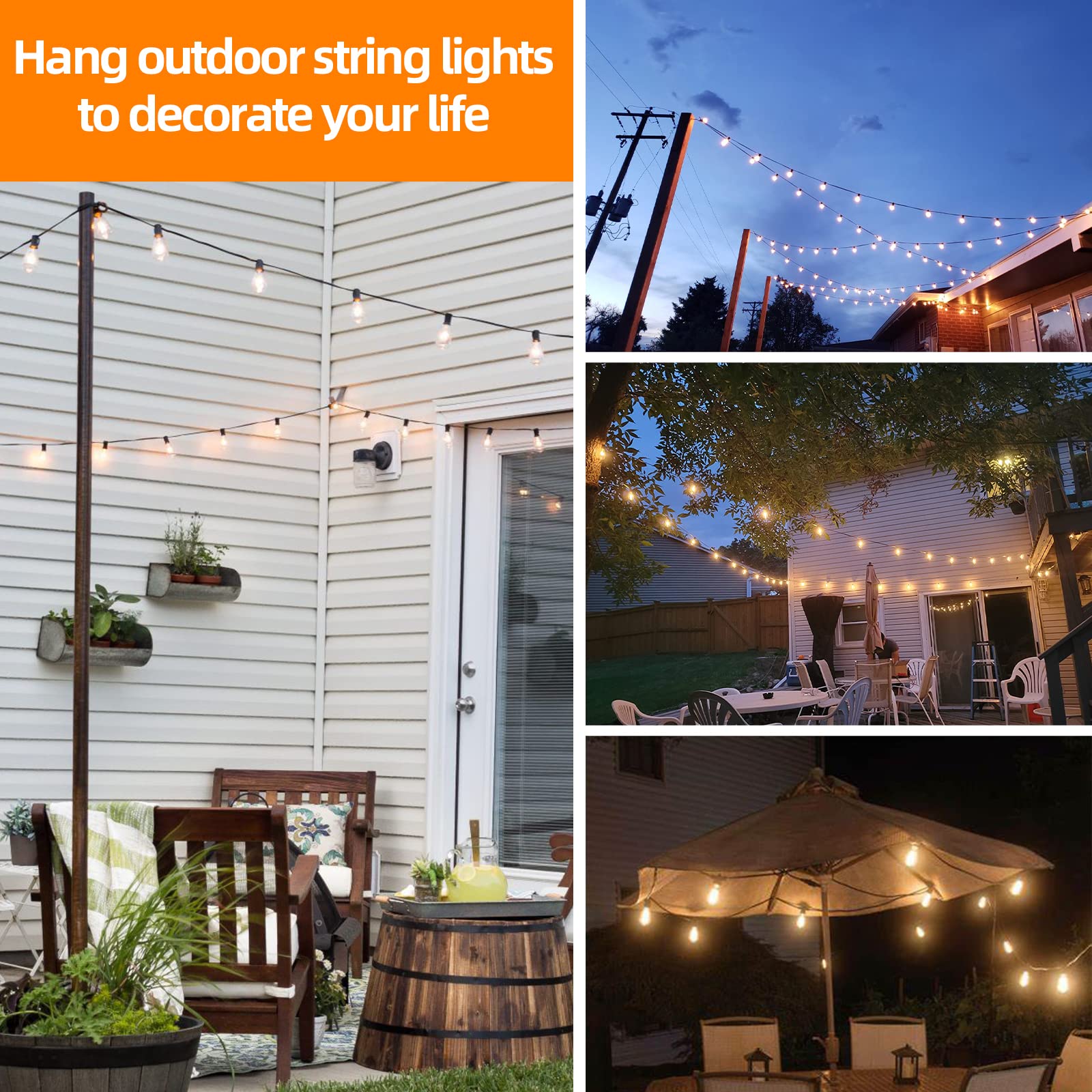 Vanthylit Outdoor String Lights, 15 Ft Patio String Lights With Led Filament Bulb Waterproof Lights Retro Vintage Edison Bulbs For Backyard Patio Bistro Party Garden Connectable