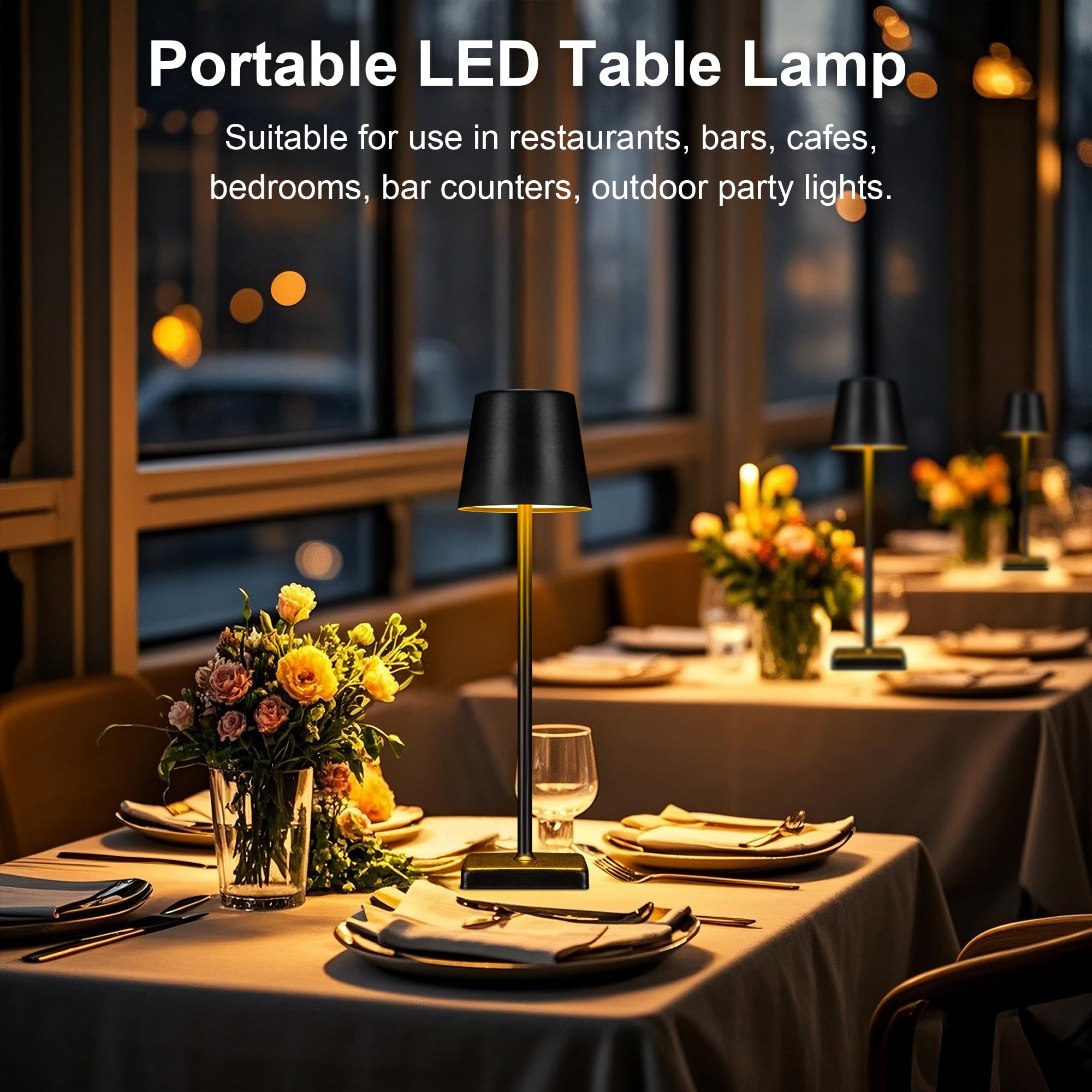 Livinlarge 2 Pack Cordless Table Lamps,Rechargeable Outdoor Solar Led Lamp,Portable Usb Desk Lamp Waterproof,2000Mah Battery Operated,Touch Stepless Dimming Light For Bedroom,Restaurants,Patio,Camping,Black