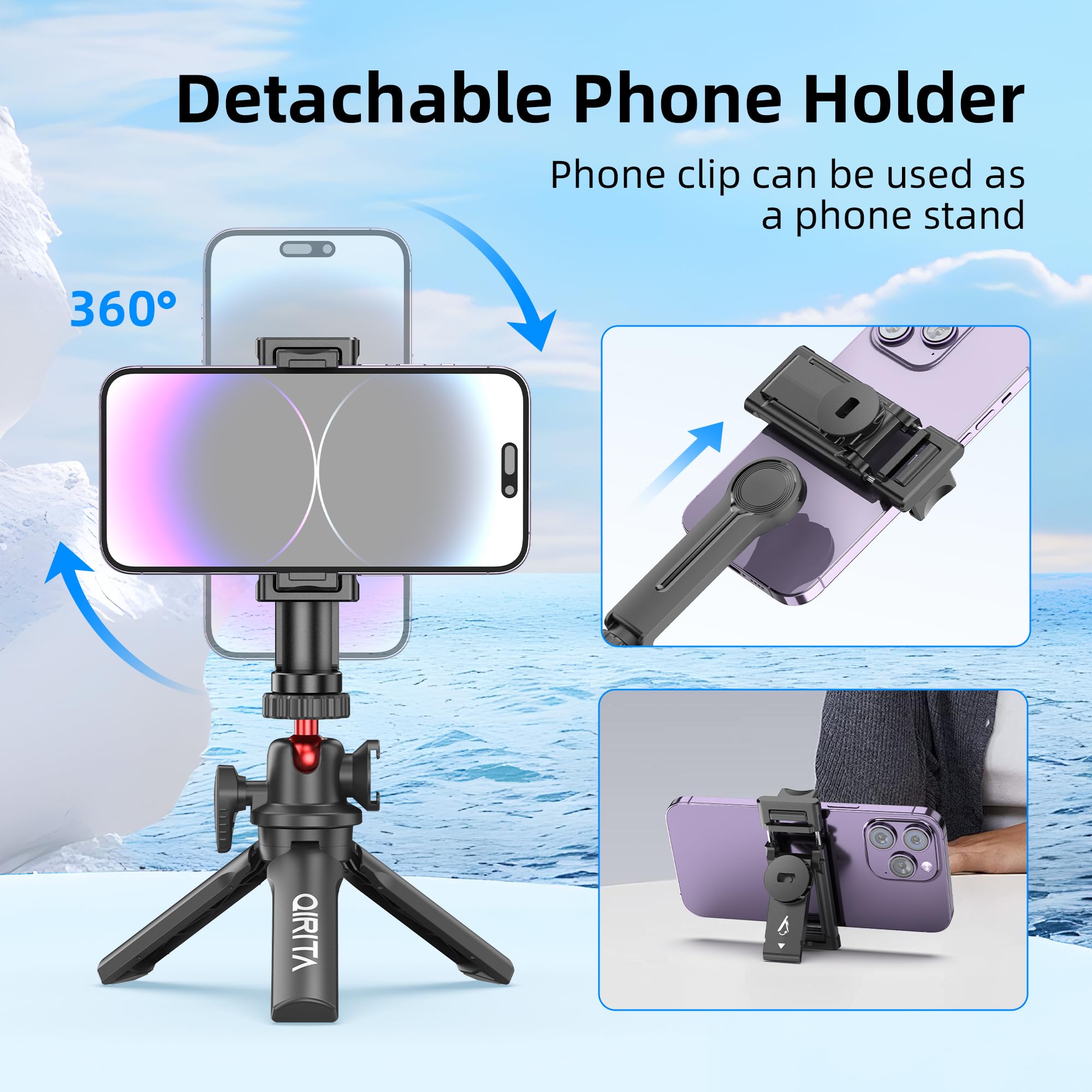 Qirita Mini Tripod & Desk Stand, 360° Rotatable Small Tripod Stand With Phone Holder & Cold Shoe, Selfie Stick Travel Tripod For Iphone/Android/Camera, Mini Hand Grip For Live Stream, Video Calls, Tiktok