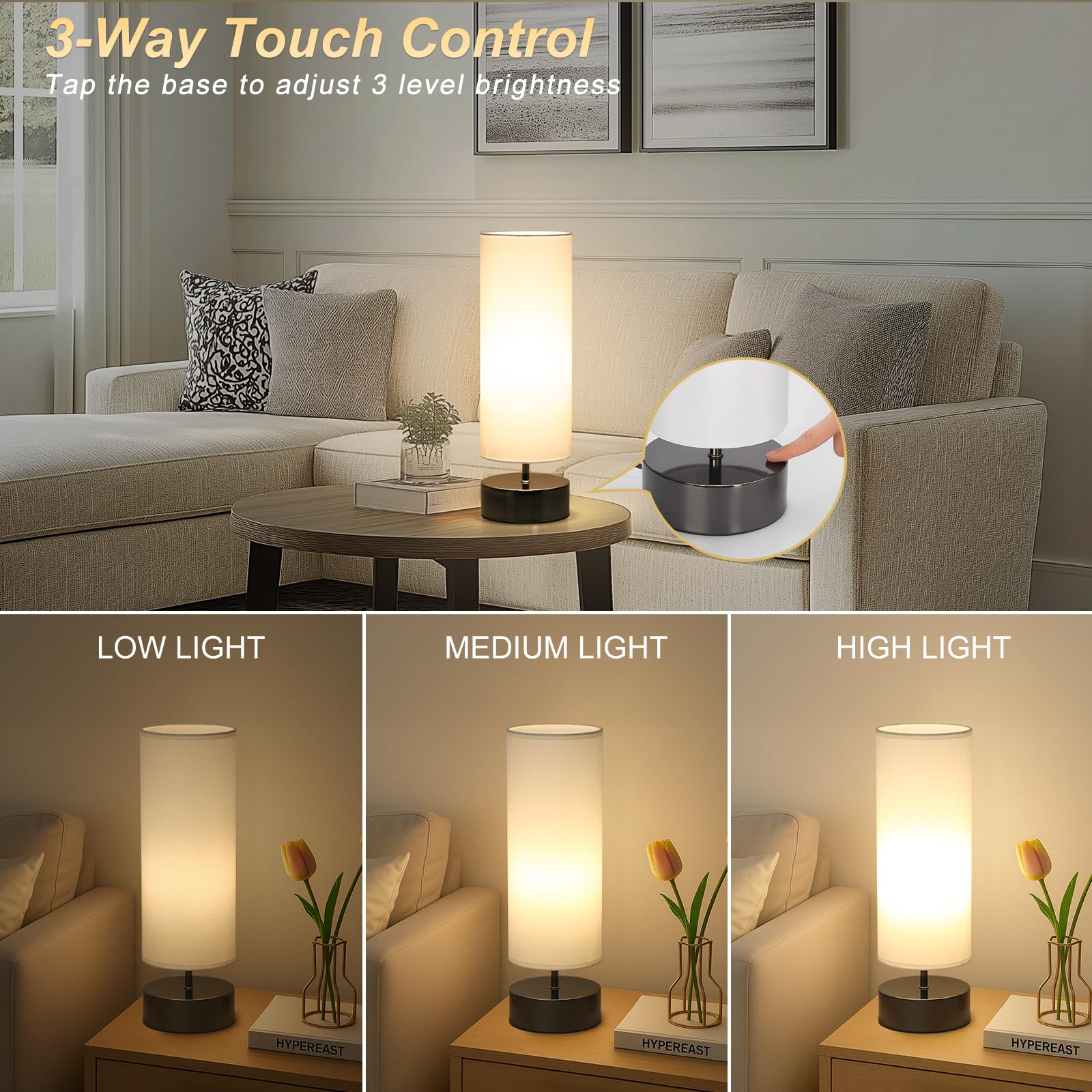 Seaside Village Touch Table Lamp, 3-Way Dimmable Modern Minimalist Accent Bedside Lamp With Cylinder Fabric Shade, Night Light Nightstand Desk Lamp For Bedroom Living Room Kitchen, 9W Led Bulb Included