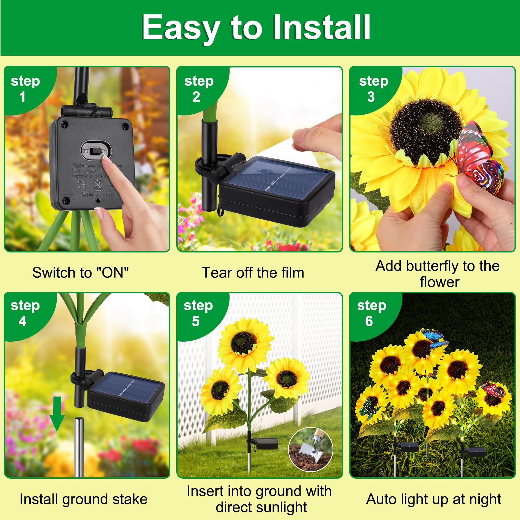 Wind Star Solar Sunflower Lights Decorative, 3 Pack Solar Garden Lights Outdoor With 9 Lifelike Sunflowers And 3 Butterflies, Flower Solar Lights For Yard Pathway Garden Decor And Gift