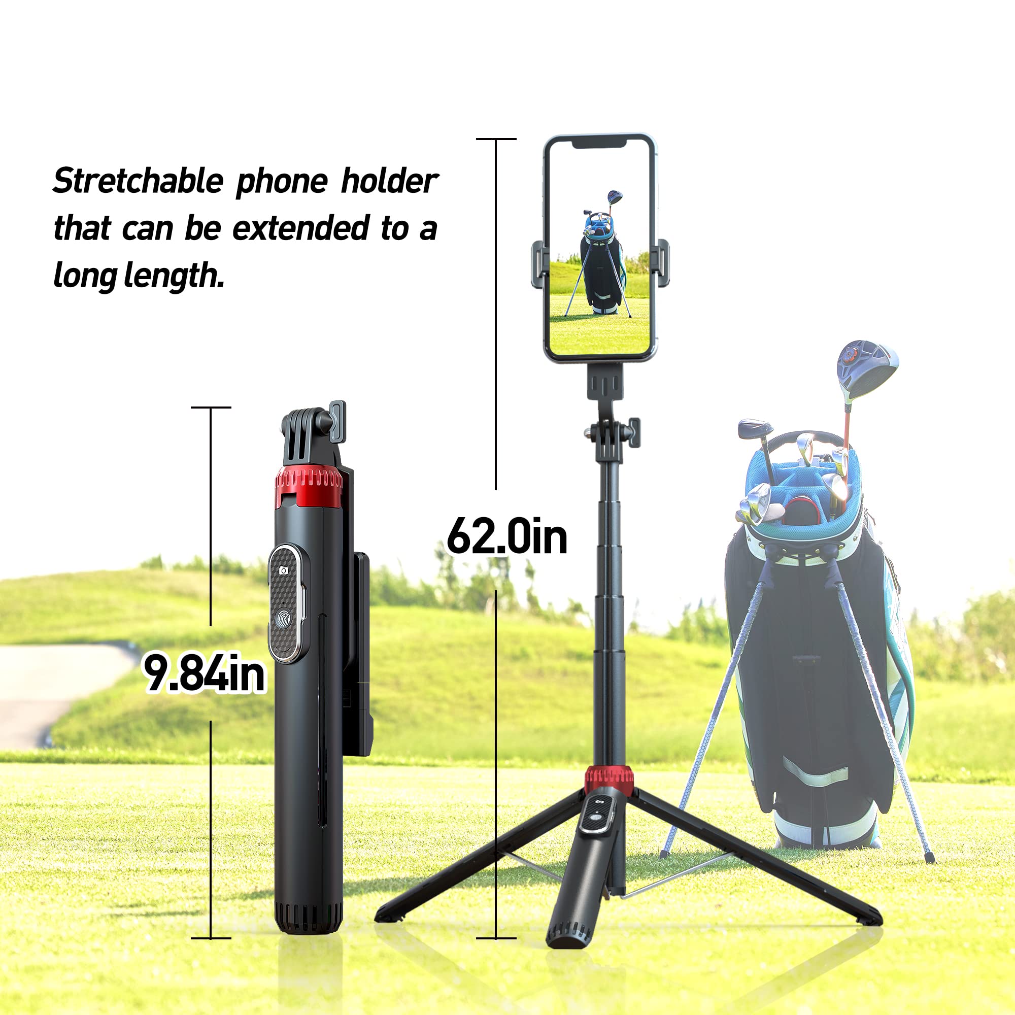 Eug-Products 62" Phone Tripod & Selfie Stick For Golf Training, Extendable Cell Phone Tripod Stand With Wireless Remote And Phone Holder, Golf Training Aid - Compatible With Iphone Android Iphone
