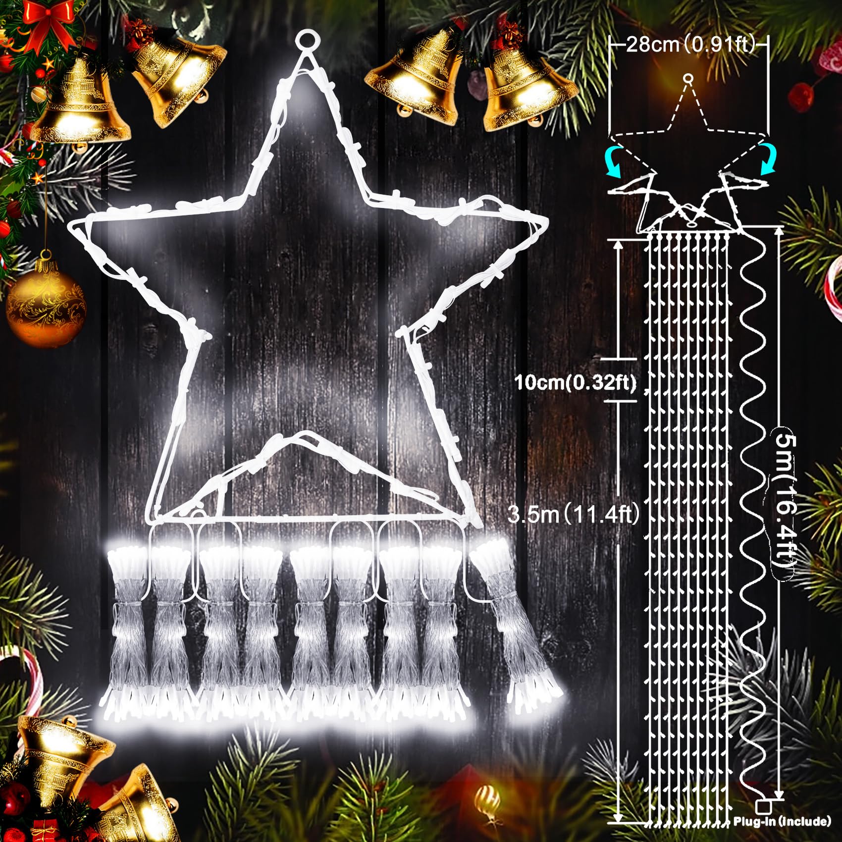Kno Knooutdoor Christmas Decorations Waterfall Star Lights,344 Led 8 Modes Tree Light,Plug In Clear Wire Waterproof Seasonal Lighting Decor For Xmas Tree Wedding Yard Holiday Garden Cool White