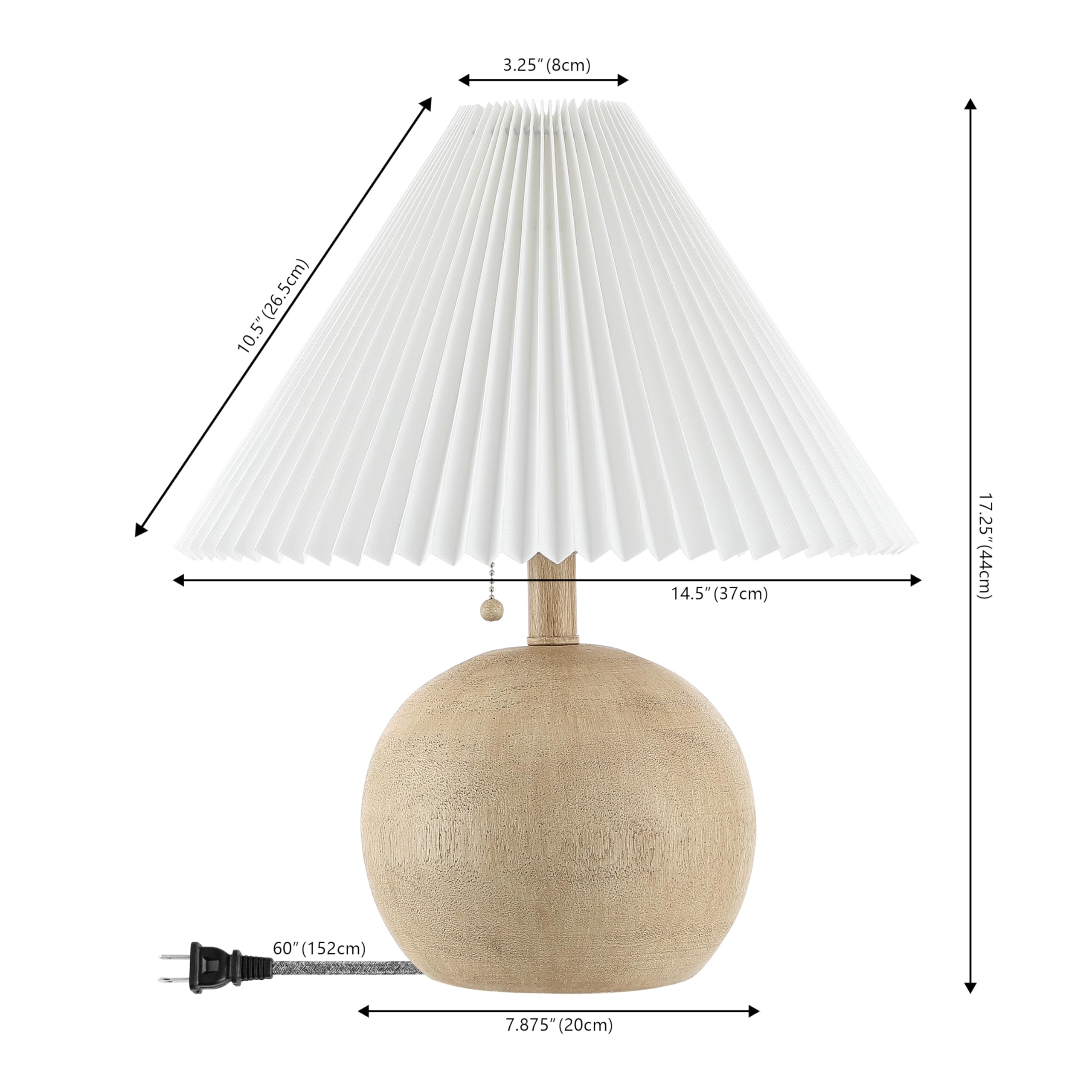 Jonathan Y Jyl1145B Aksel 17.25" Coastal Scandinavian Resin/Iron Sphere Led Table Lamp With Pleated Shade And Pull Chain, Beige Wood Finish/White, For Entry Console, Bedroom, Living Room