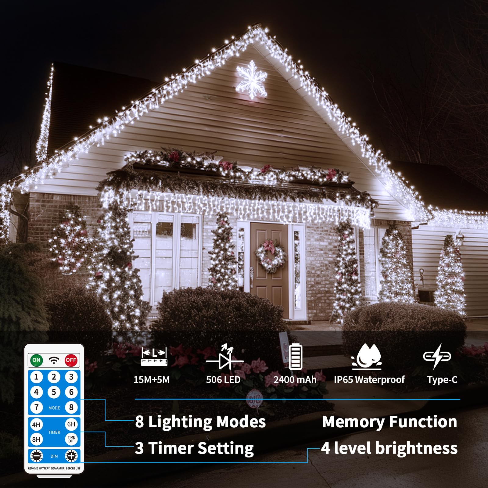 Binbinled Solar Christmas Lights Outdoor Waterproof 50+16Ft 506 Led Icicle Lights For Outside With 2400Mah Connectable Rechargeable Dimmable Remote 8 Modes Fairy Lights For Xmas Yard Eaves Balcony Decorations