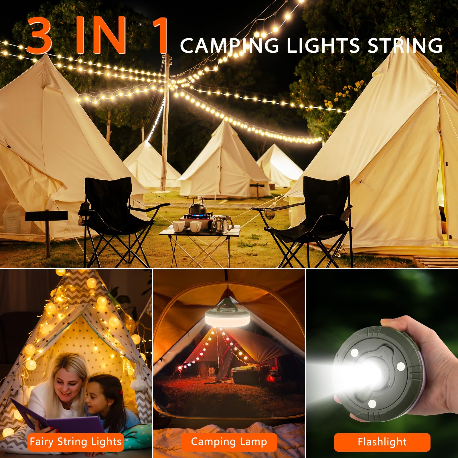 Aomees Rechargeable Rgb & Warm Camping String Lights, 32.8Ft 3 In 1 Tent Lamp With 8 Lighting Modes Ipx4 Outdoor/Indoor Hanging Led Fairy Lights For Tent/Truck Camping Trip, Yard, Xmas Party Decor (1)