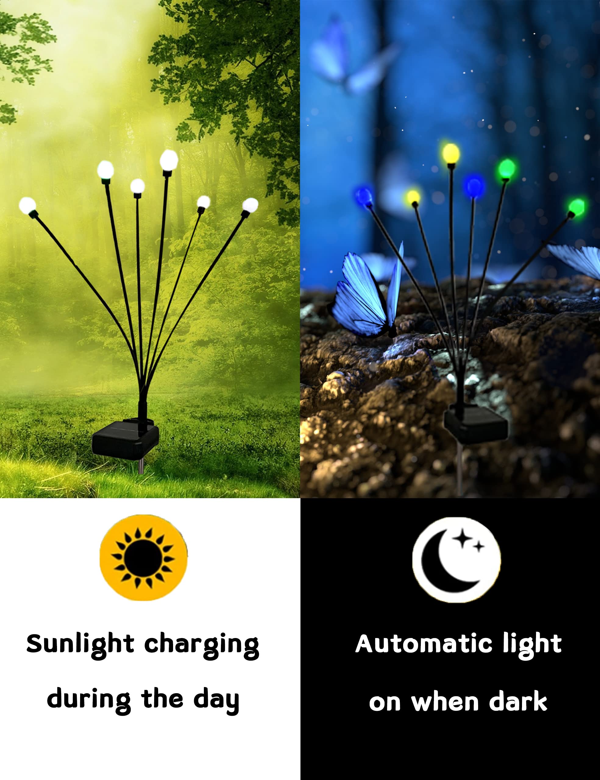 Skmuvhys Firefly Garden Lights Solar Outdoor, 2Pack 6Leds Solar Powered Swaying Lights Waterproof With 2 Modes, Small Night Light For Yard, Patio, Pathway, Balcony Decorations, Green Blue Yellow