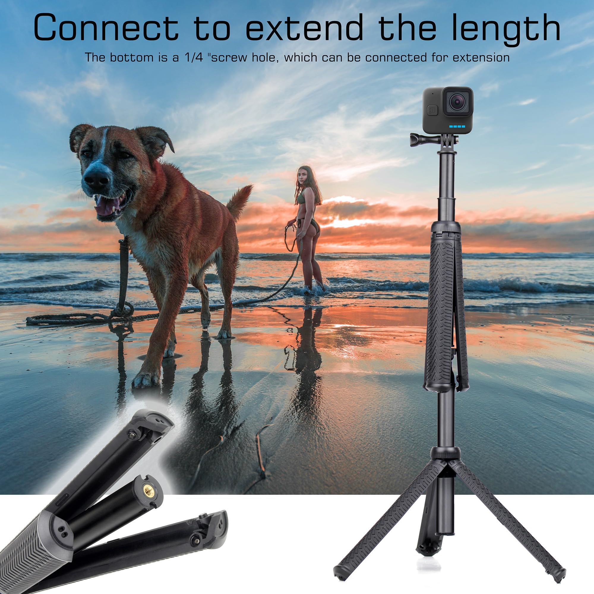 Gepuly 34''Waterproof Selfie Stick Underwater Tripod Pole Monopod For Phone Gopro Hero 13 12 11 10 9 8 7 6 5 4, Fusion, Akaso,Sjcam,Dji Action Cameras(3-In-1: Hand Grip,Selfie Stick,Tripod Stand)