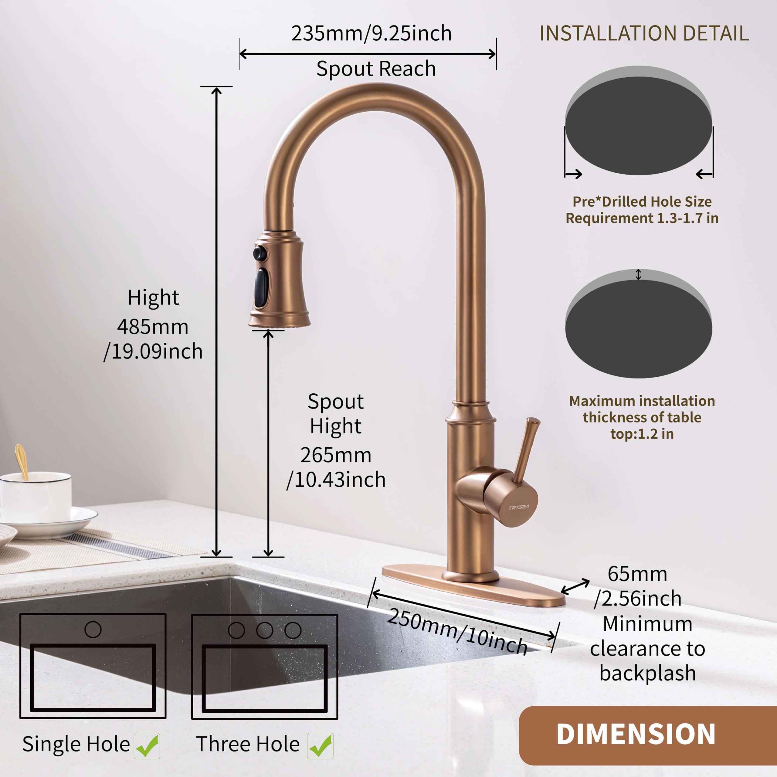 Trysea Rose Gold Kitchen Faucet With Pull Down Sprayer,Stainless Steel Gold Kitchen Faucet With Sprayer,High Arc Gold Faucets With Deck Plate For 1 Hole & 3 Holes Kitchen Sink