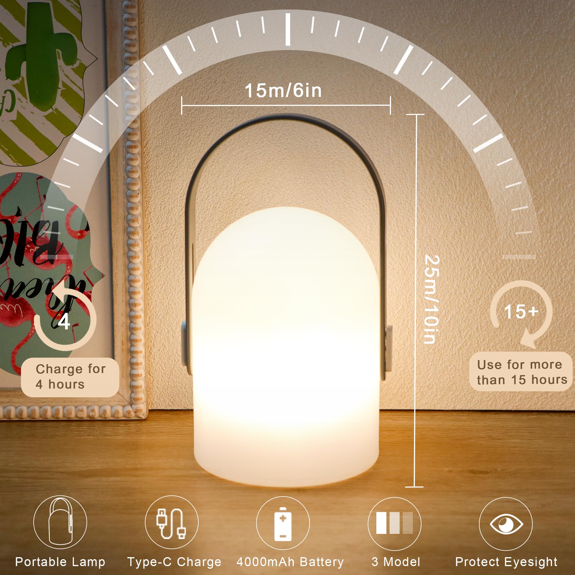 Trirocks Rechargeable Lantern Table Lamp Portable Powerful 4000Mah Led Battery Operated Table Lamps 3-Mode Lighting Outdoor Night Lamp Lantern For Christmas Home Bedroom Camping Outdoor Indoor