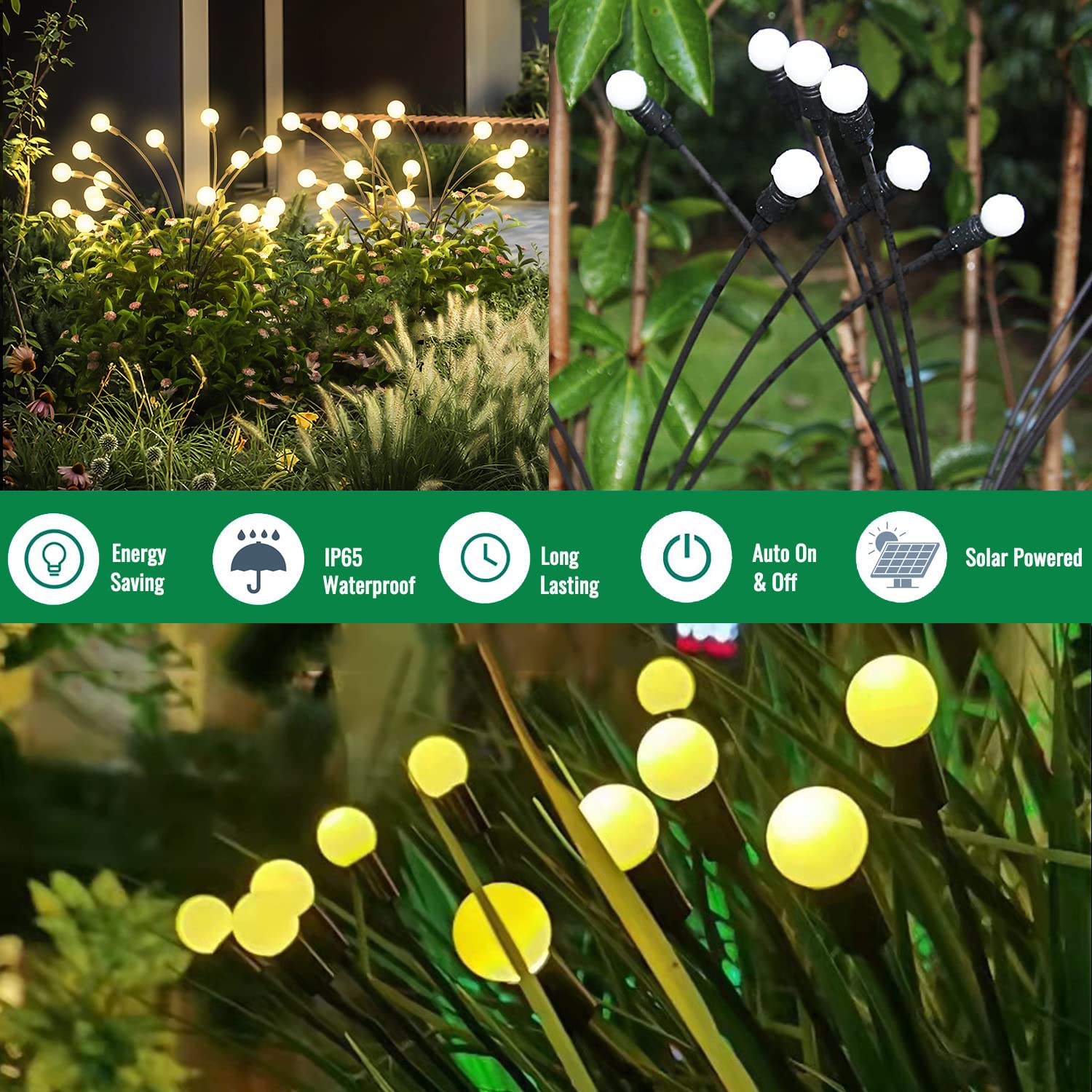 Focusky Garden Firefly Lights Solar ,2 Pack 6 Leds Solar Powered Swaying Outdoor Lights Waterproof,Landscape Yard Patio Pathway Garden Decor,Warm White