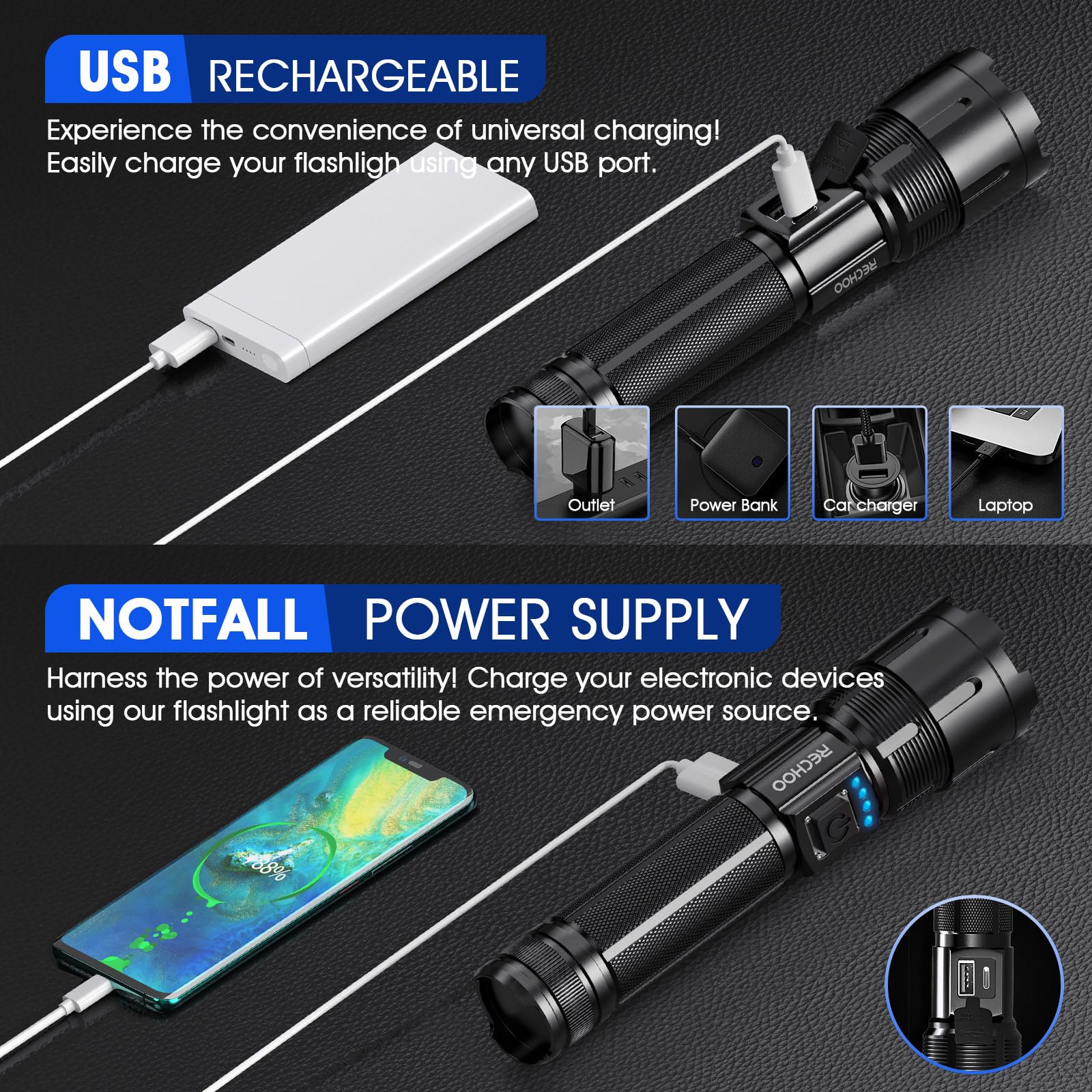 Rechoo Rechargeable Flashlights High Lumens, 990000 Lumens Tactical Flashlights, Super Bright Led Flashlight With 5 Mode & Zoomable, Ip65 Waterproof Flash Light For Camping, Hiking, Emergency, Home