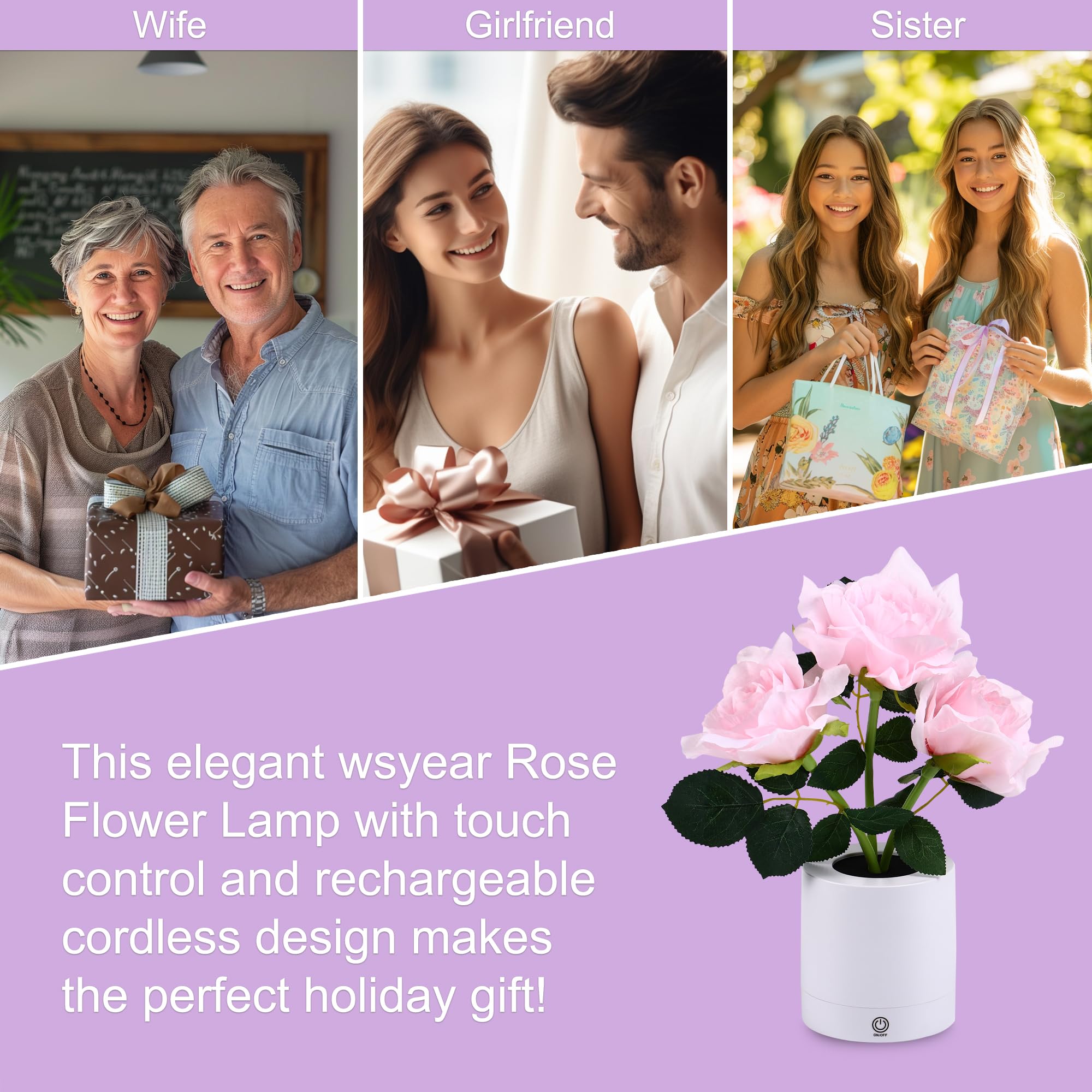 Wsyear Mothers Day Rose Flower Lamp, Led Artificial Flowers For Her Wife Girlfriend Small Table Lamp Night Light, Cordless Touch Lamp For Home Decor