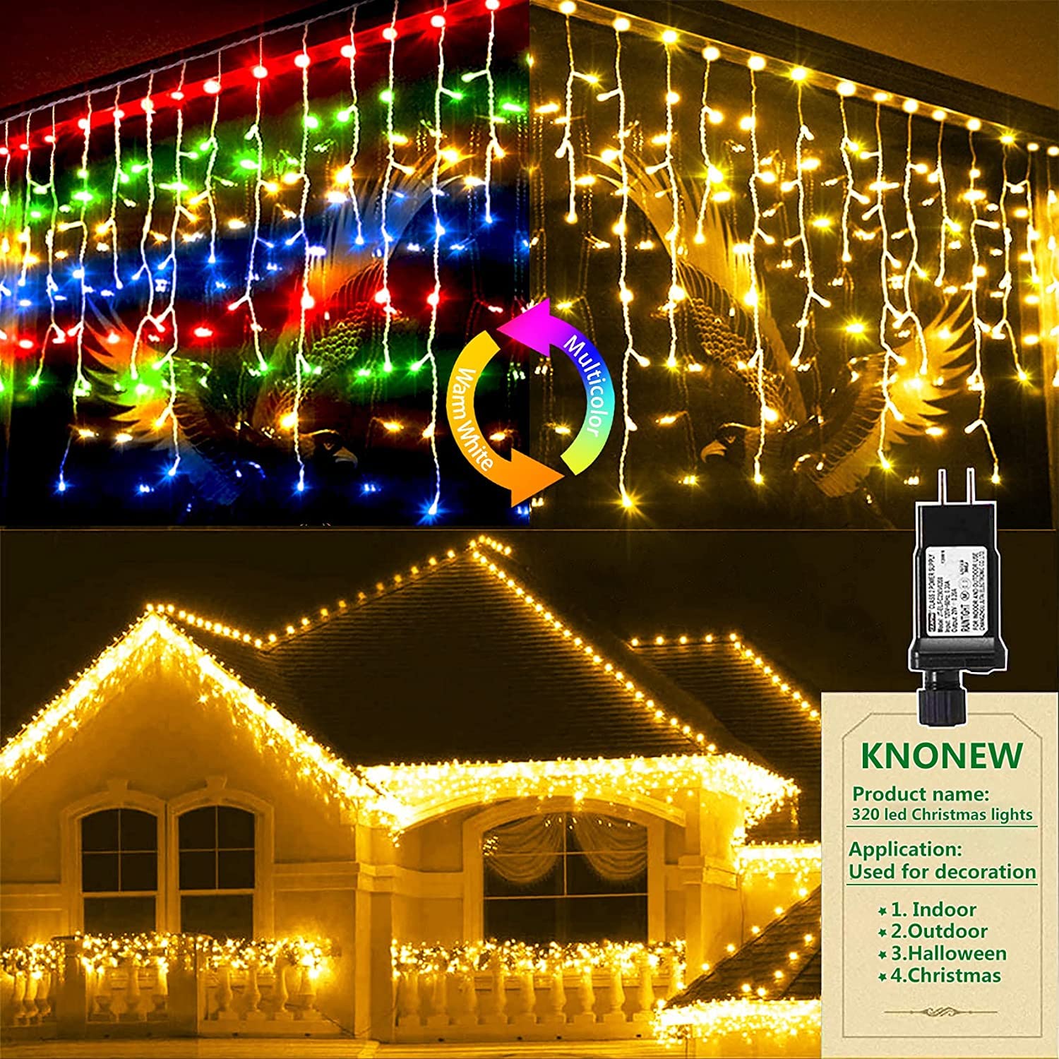 Kno Knochristmas Lights Outdoor Color Changing 400 Led 33Ft 11 Modes Curtain Fairy String Light With 75 Drops, Clear Wire Led Lights For Wedding Party Holiday Christmas (Warm White To Multicolor)