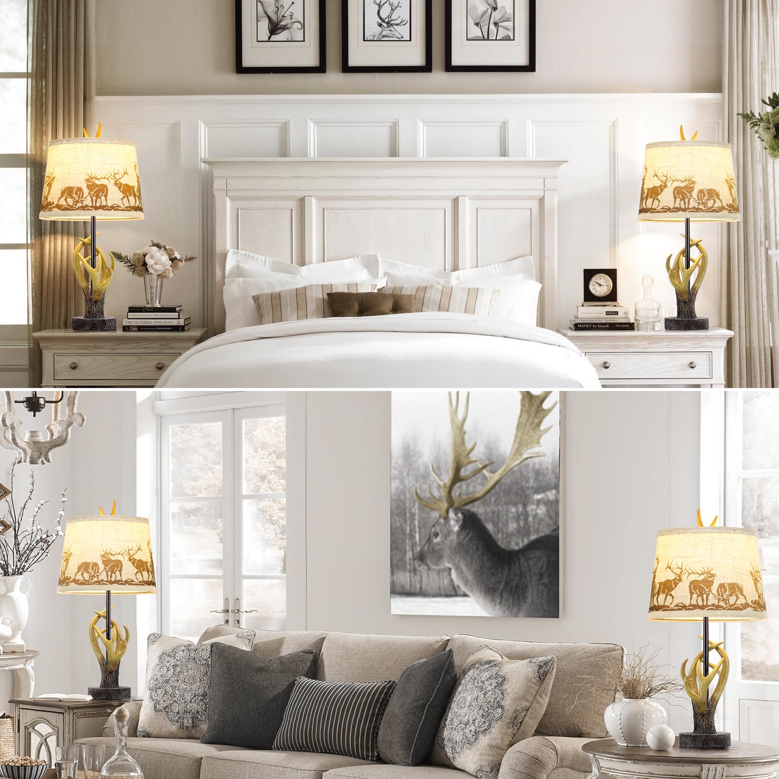 Spclsim Rustic Antler Table Lamps For Bedrooms Set Of 2, 24.4" Deer End Table Lamps For Living Room, Farmhouse Resin Bedside Nightstand Lamps, Bulbs Included