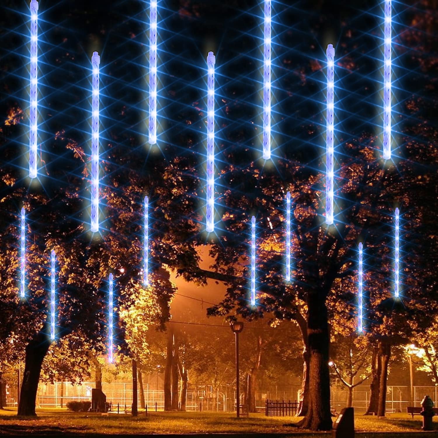 Dazzle Bright Christmas Lights Outdoor, 288Led Meteor Shower Rain Lights 12 Inch 8 Tubes, Waterproof Plug In Falling Icicle Light Christmas Decorations For Xmas Tree Yard House Decor (Blue)
