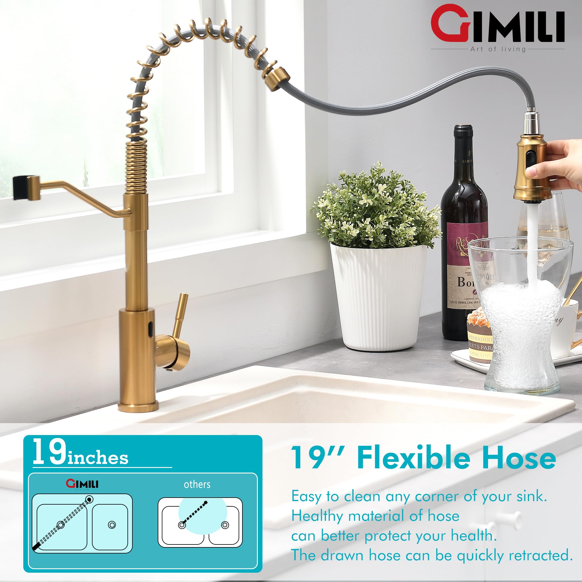 Gimili Gold Touchless Kitchen Faucet With Pull Down Sprayer, Brushed Brass Motion Sensor Smart Hands- Activated Single Hole Spring Faucet For Kitchen Sink