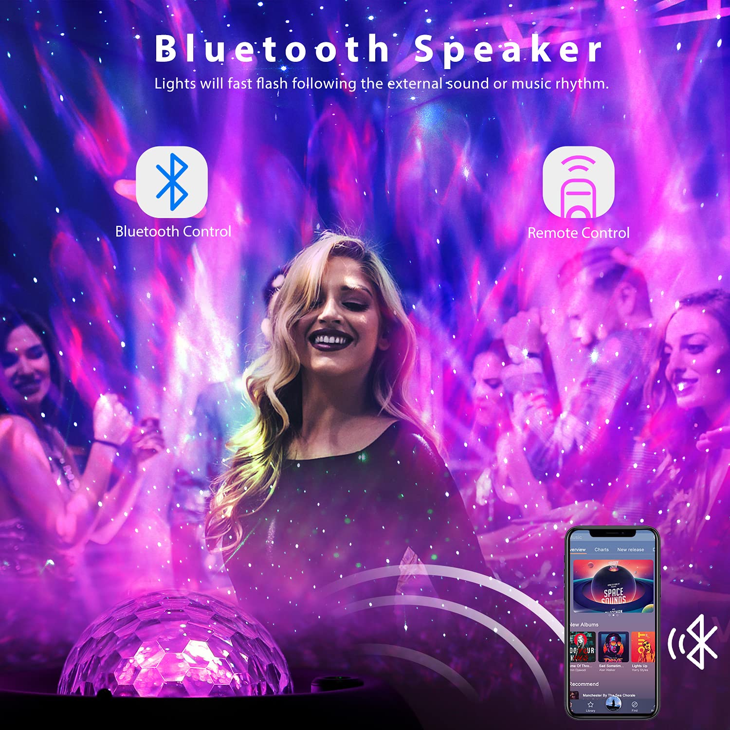 Geanli Star Projector Night Light - Galaxy Projector Light For Bedroom/Party Adults Kids With Bluetooth Music Speaker Voice & Remote Control, No App Needed