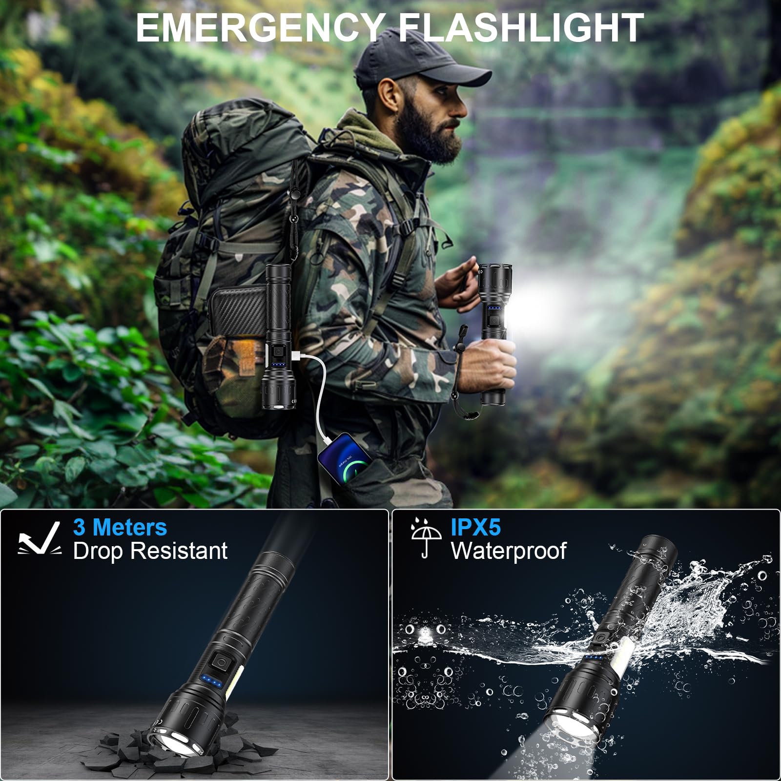 Banral Rechargeable Magnetic Flashlights 100,000 High Lumens, Super Bright Led Powerful Flashlight 8 Modes With Cob Work Light, Waterproof Handheld Flash Light For Camping (2 Pack With Leather Box, Black)