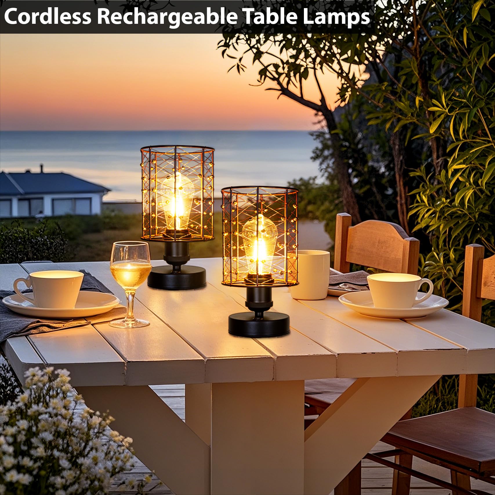 All Fortune Cordless Rechargeable Outdoor Table Lamps, Battery Operated Table Lamp With Stepless Dimmable Table Lights, Outdoor Lamps For Patio, Living Room, Bedroom, Indoor- Set Of 2