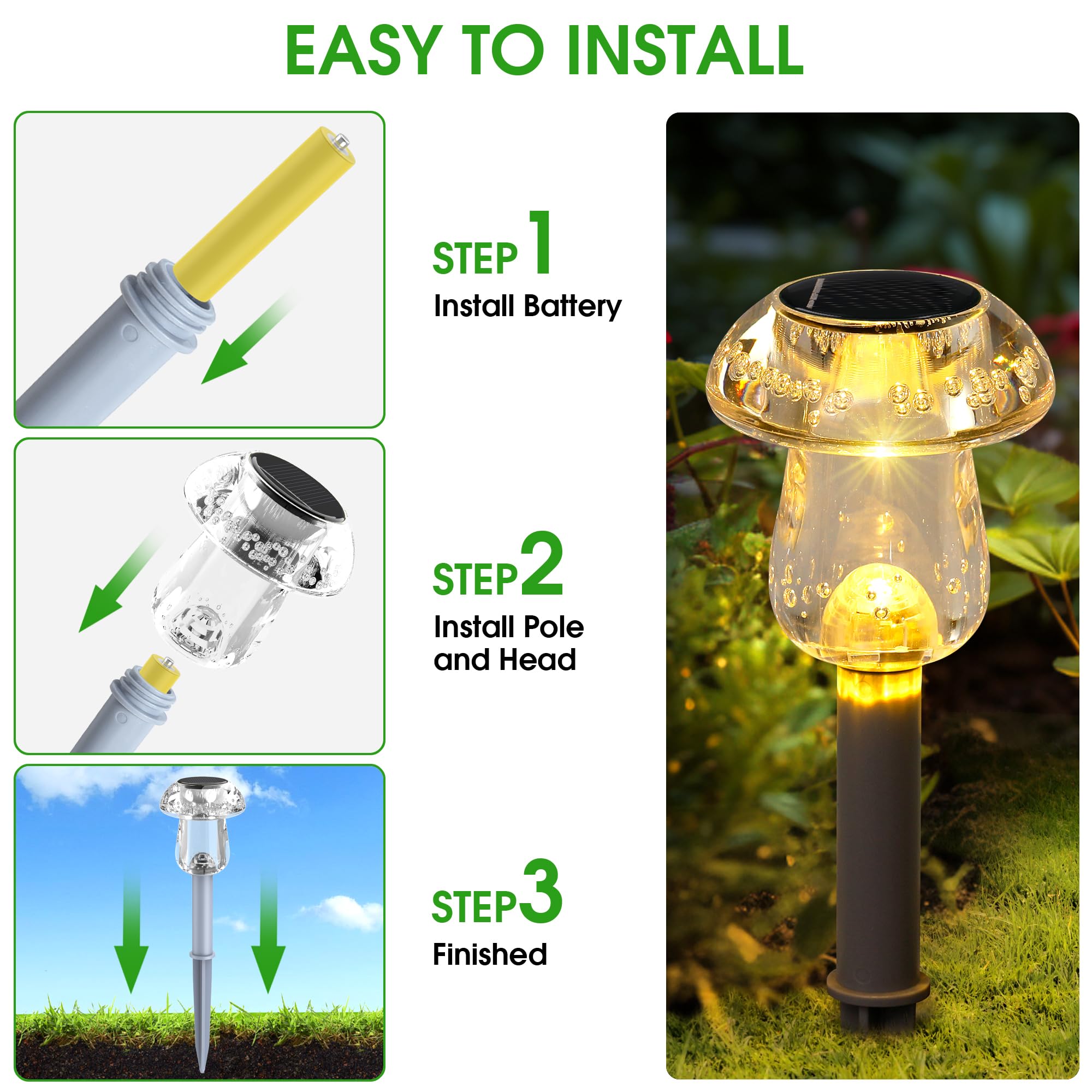 Eyrosa Solar Outdoor Lights, 16 Pack Waterproof Solar Mushroom Lights For Garden Yard Pathway Path Walkway Driveway Lawn Landscape Outside Decor（Warm White）