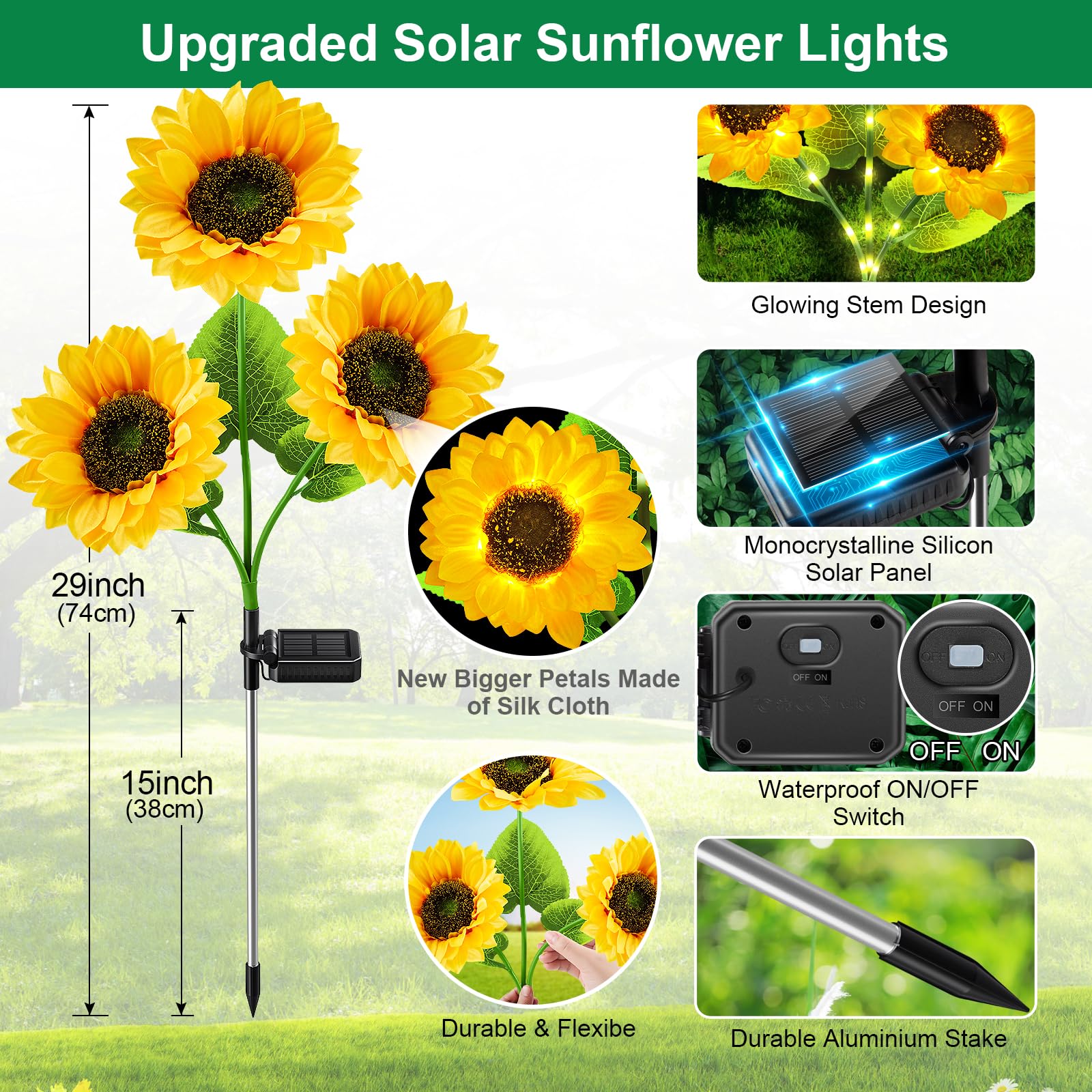 Garpar Solar Garden Lights - 9 Bigger & Brighter Sunflowers, Waterproof Solar Powered Outdoor Lights For Patio & Yard Decorations