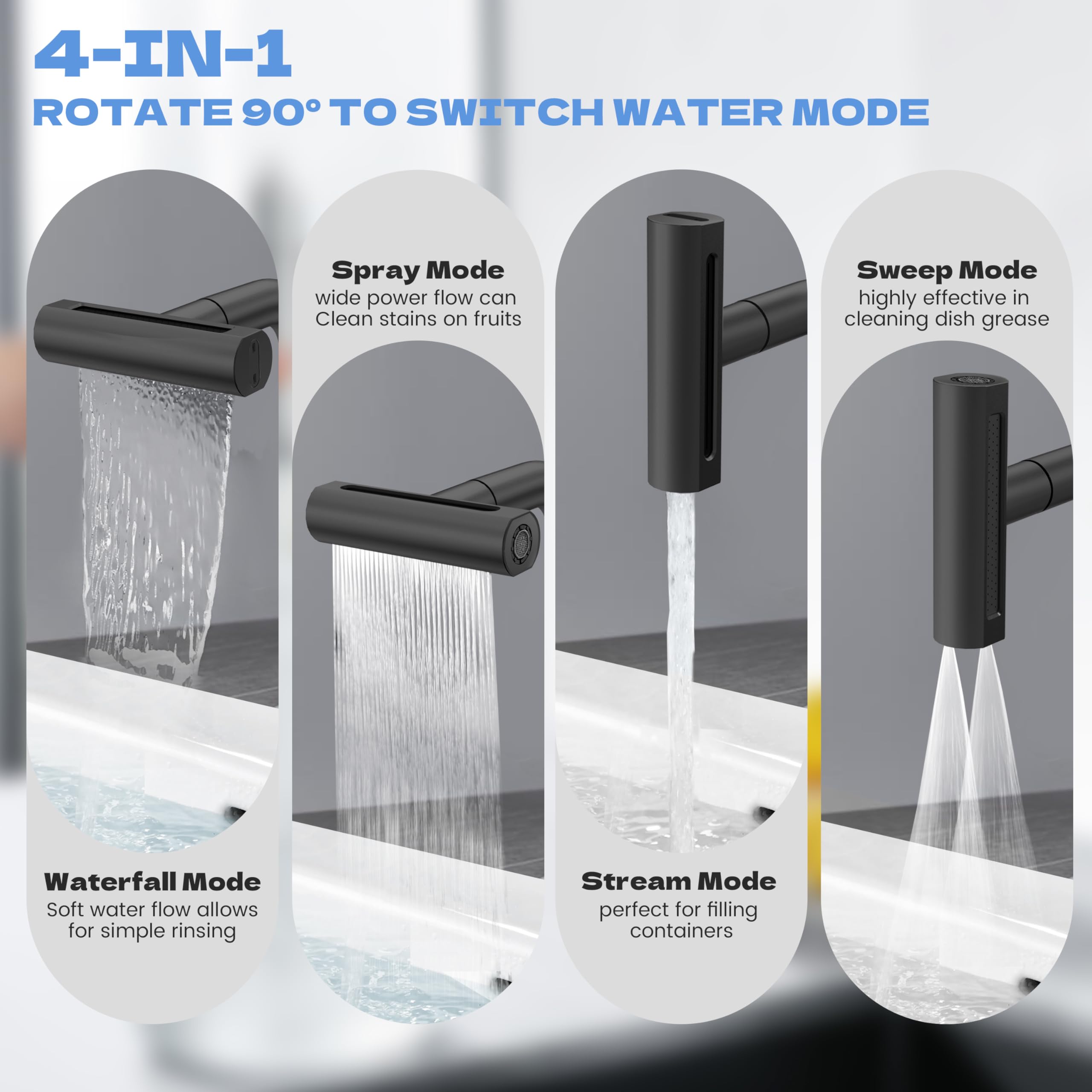 Fropo Black Kitchen Faucets With Pull Down Sprayer,High Arc Waterfall Kitchen Faucet, 4 In 1 Stainless Steel Single Lever Handle Kitchen Faucets With 4 Modes, Commercial Utility Kitchen Sink Faucet
