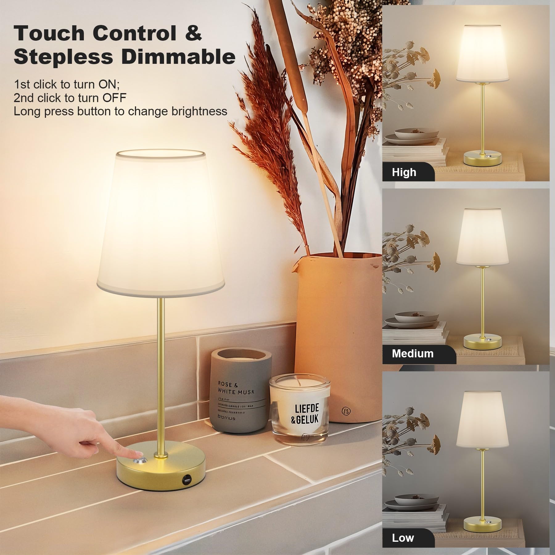 Irotine 1 Pack Gold Cordless Table Lamp Rechargeable Battery Powered 6000Mah Led Fabric Table Lamp With 6W Bulb And Dimmer,Dimmable Bedside Night Lamp,Patio Table Lamp,Ambient Light For Restaurant