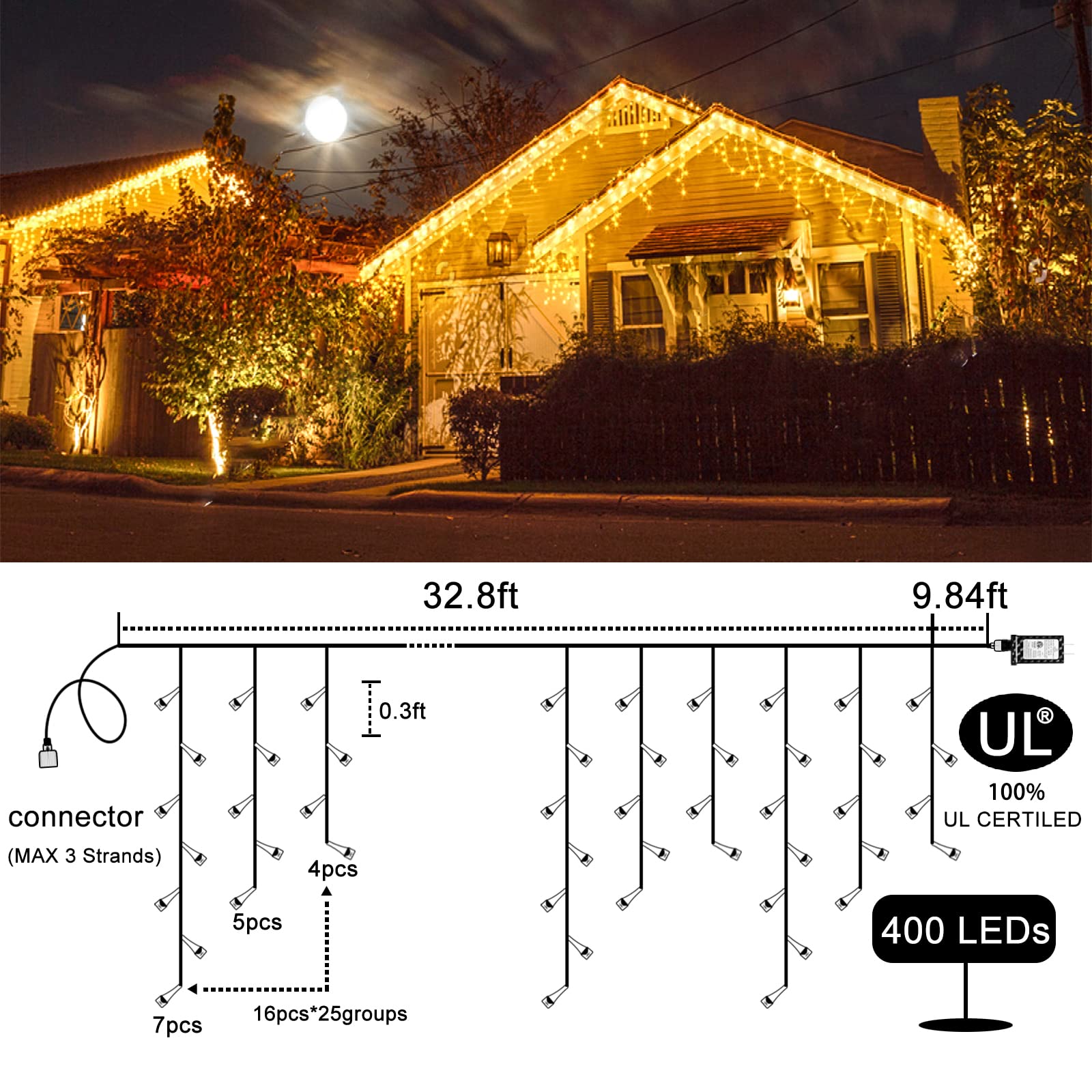 Einiiya 400 Led Christmas Lights Outdoor Waterproof, 33Ft Icicle Lights For Outside 8 Modes With 75 Drops, Plug In Icicle Christmas Light Outdoor For Holiday Wedding Christmas Decorations, Warm White