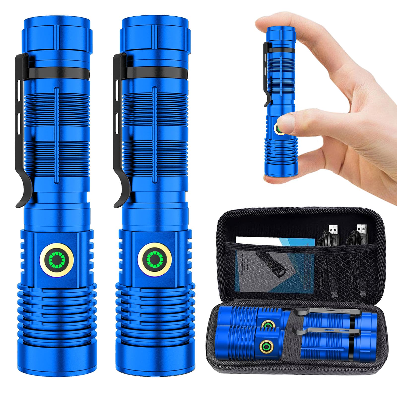Spriak Rechargeable Flashlight High Lumens, 12000 High Lumens Super Bright Flash Light, 1500 Meter Long-Range Zoomable Led Flashlights For Emergency, Edc, Searching, Waterproof Flashlight Dimmable Blue Pcs