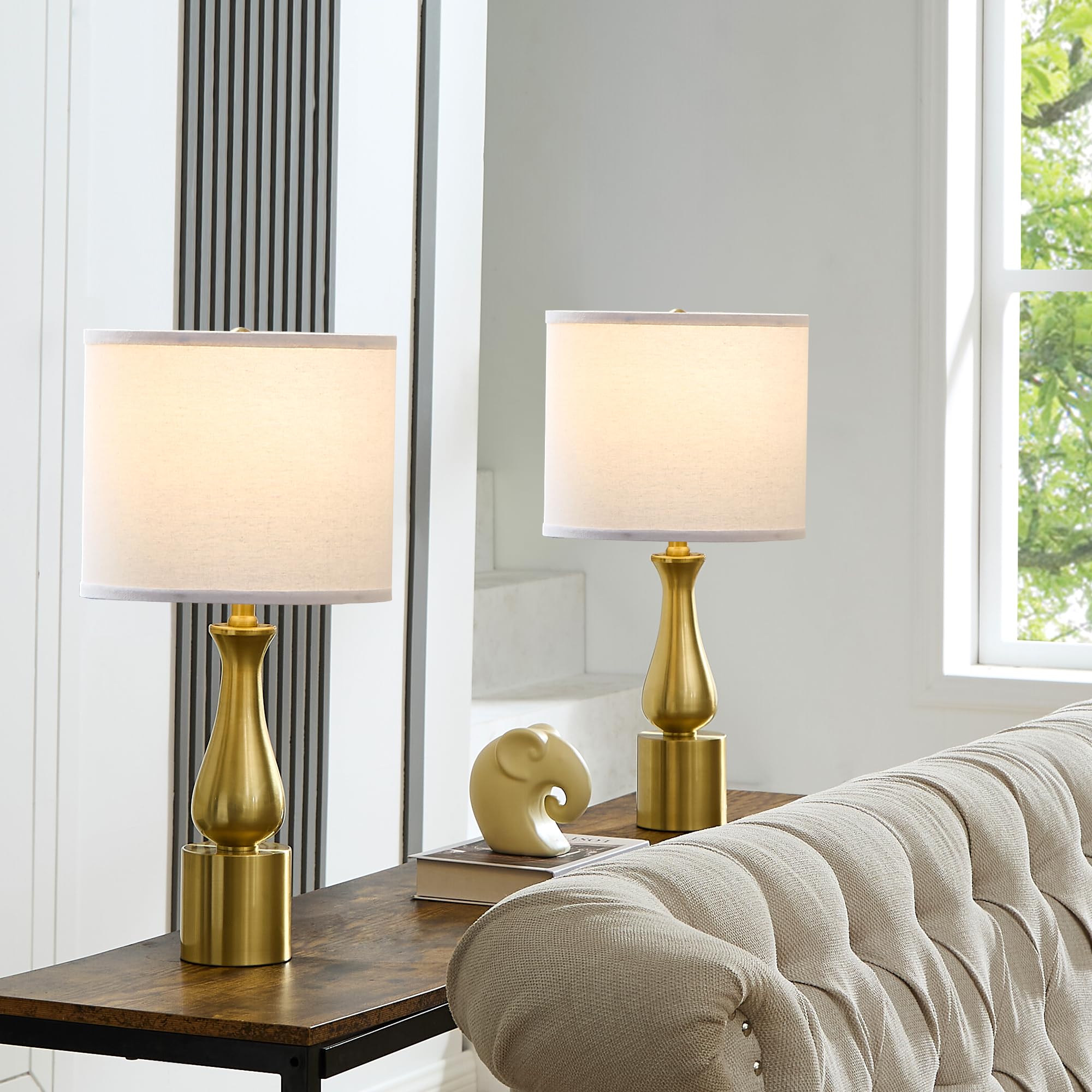Dggdome 23" Modern Gold Lamps Set Of 2 For Bedroom, Minimalist Gold Table Lamps For Living Room Set Of 2, Small Gold Table Lamps For Nightstand Set Of 2, With White Linen Drum Lampshade For Home Office