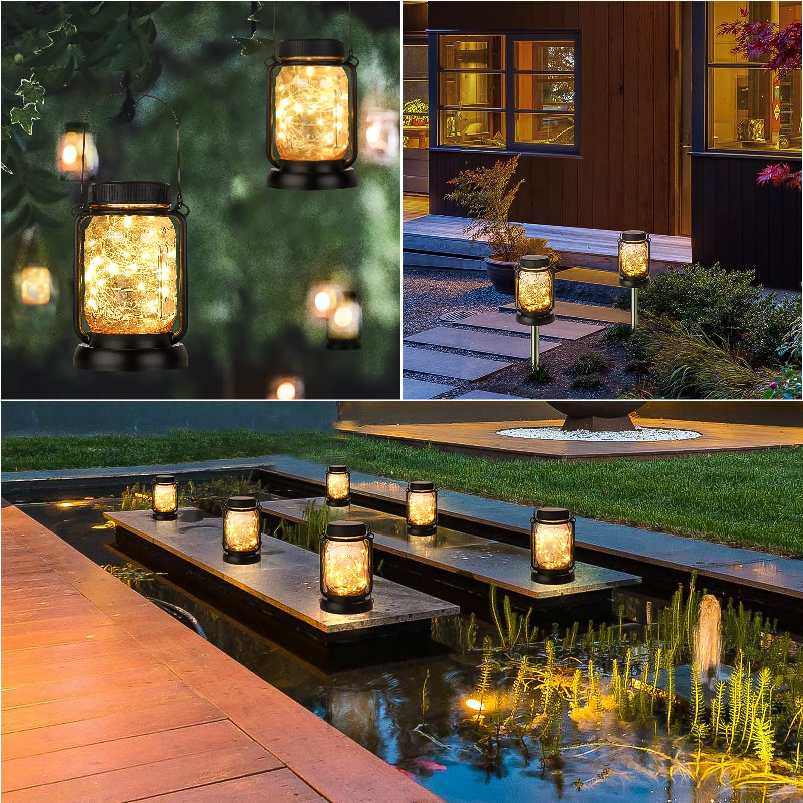 Mlambert 4 Pack Solar Hanging Mason Jar Lights With Stakes Bundle With 3 Pack 33Ft Fairy String Lights Battery Operated With Remote And Timer