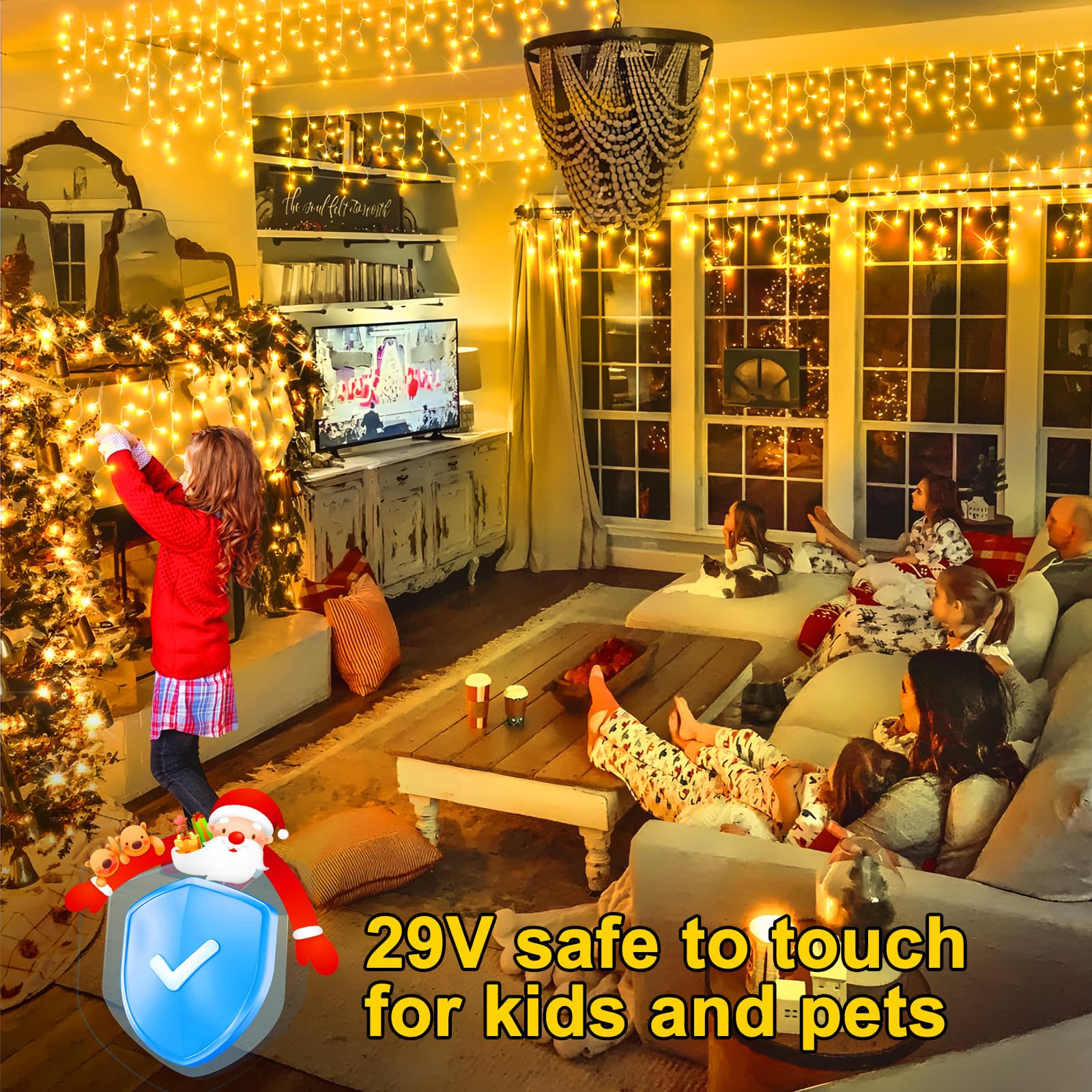 Kno Knochristmas Lights Outdoor Color Changing 400 Led 33Ft 11 Modes Curtain Fairy String Light With 75 Drops, Clear Wire Led Lights For Wedding Party Holiday Christmas (Warm White To Multicolor)