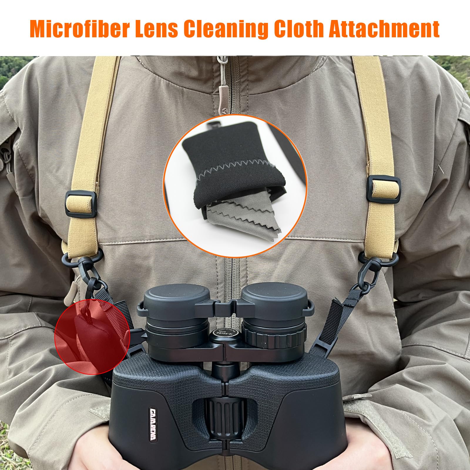 Gaiarena G Gaiarena Binocular Harness - Adjustable Cross Bino Strap For Hunting Hiking Birding With Lens Cleaning Cloth - Tan