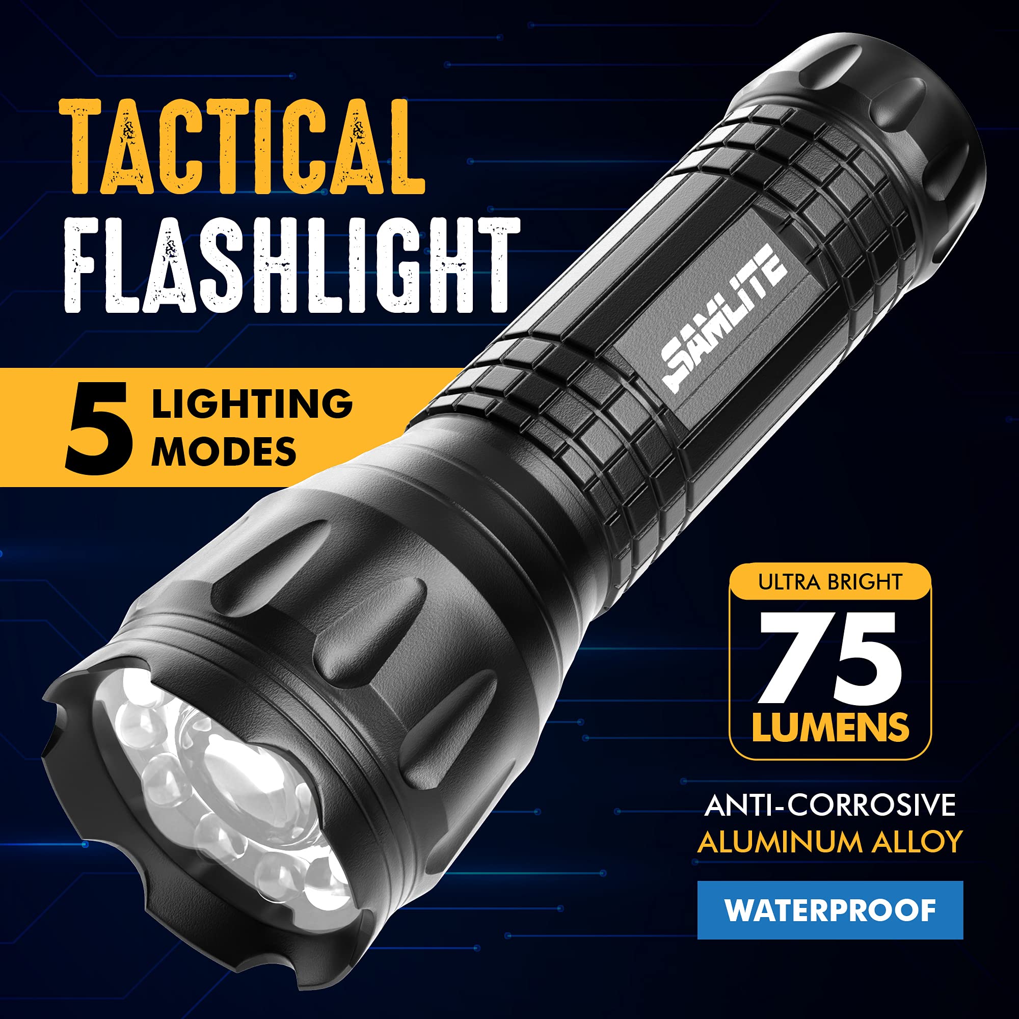 Samlite Samlite- Led Tactical Flashlight With 5 Options, Bright Led Light, Laser Pointer, Uv Blacklight, Green Light And Magnetic Bottom - Water Resistant - (3 Aaa Batteries Included)