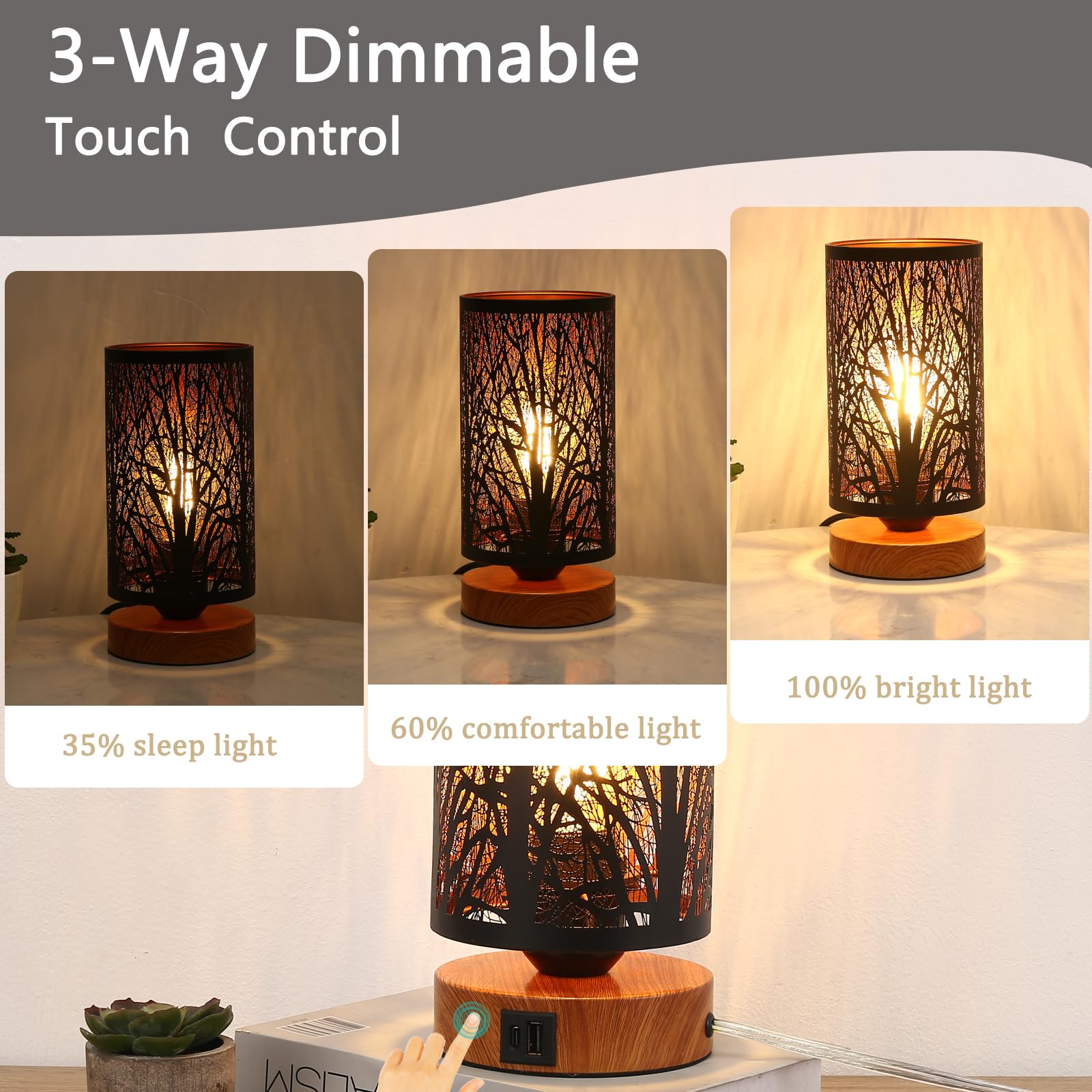 Tingsize Table Lamp For Night Stands, Bedside Lamp With Usb Port And Outlet, Touch Lamps For Bedroom, Bed Lamp With Metal Shade For Home Deor,Led Bulb Included